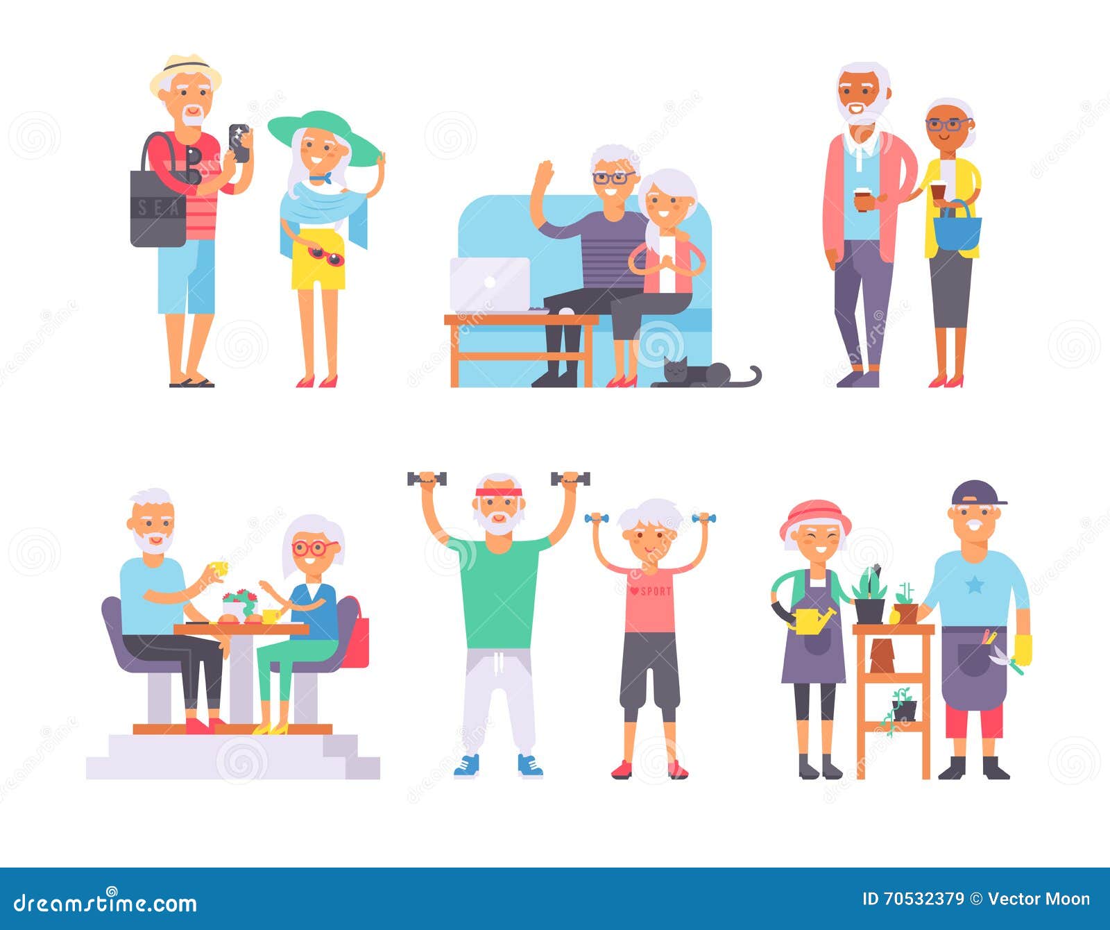 Geriatric Care Pensioners Retirees And Happy Senior Woman Elder Age Characters Vector