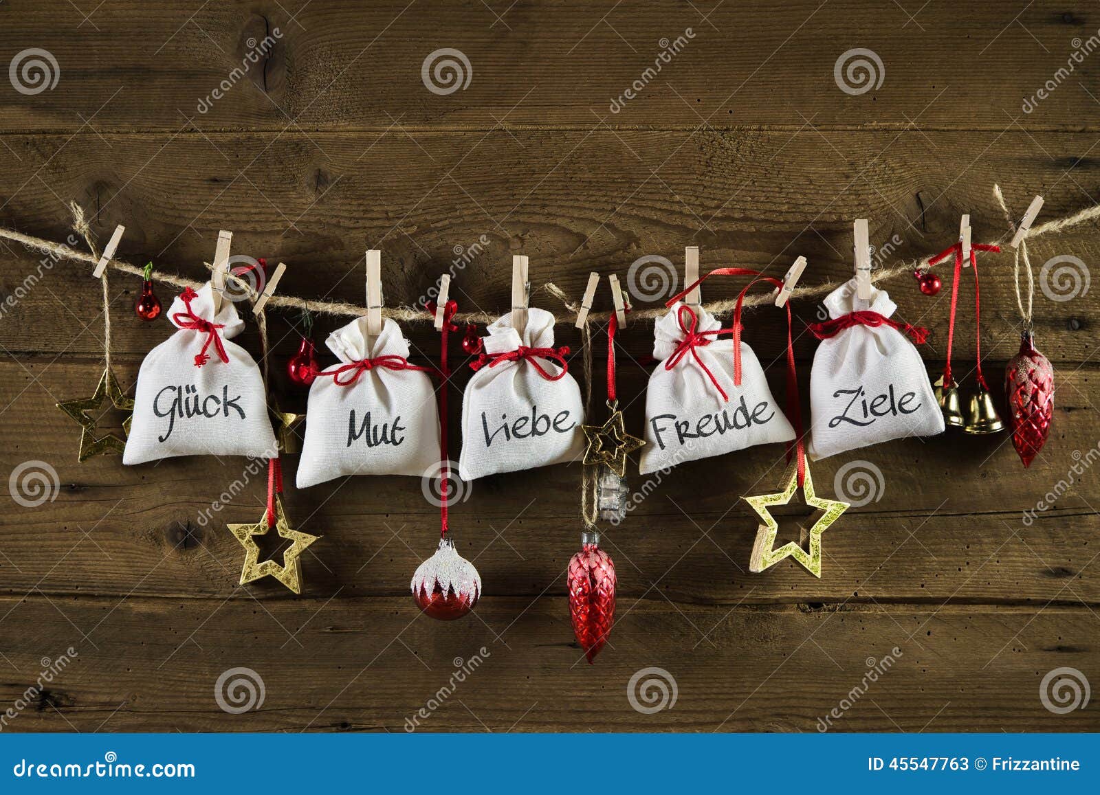 German Christmas Greeting Card With Presents From The Heart. Stock