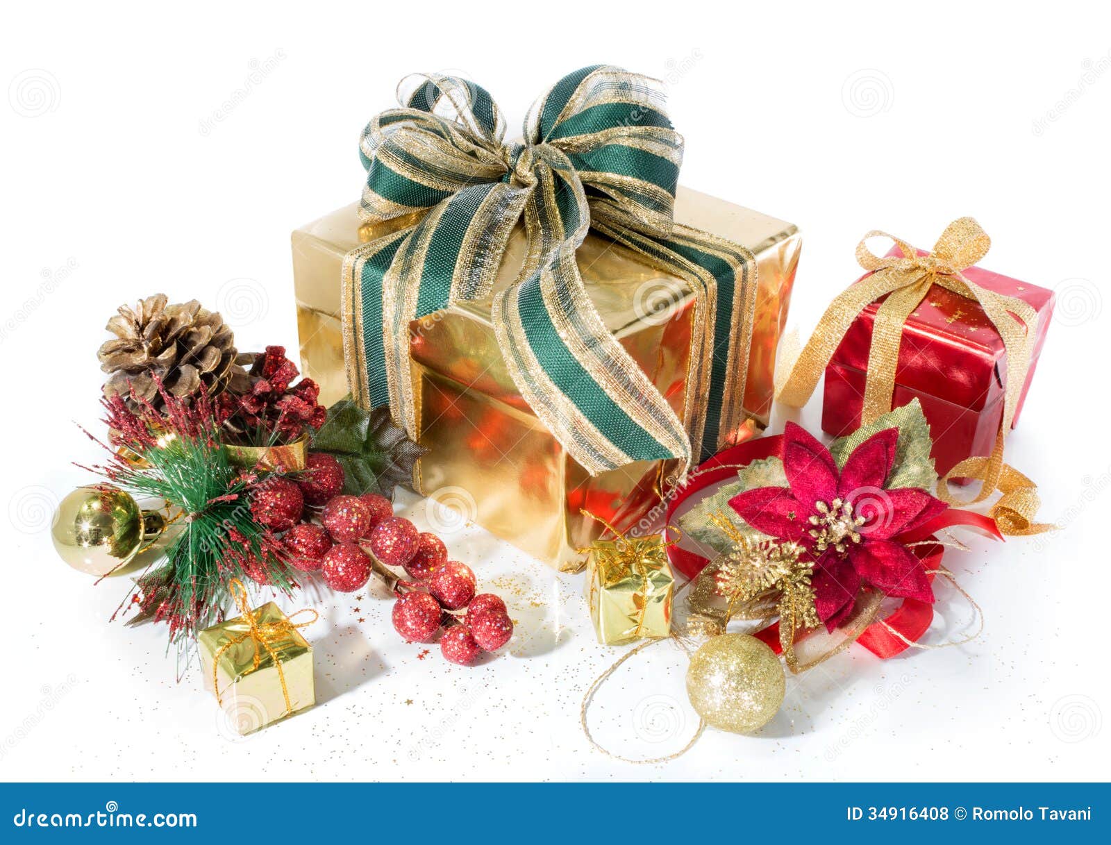 ... Stock Photos: Gift packages christmas red and golden, with decorations