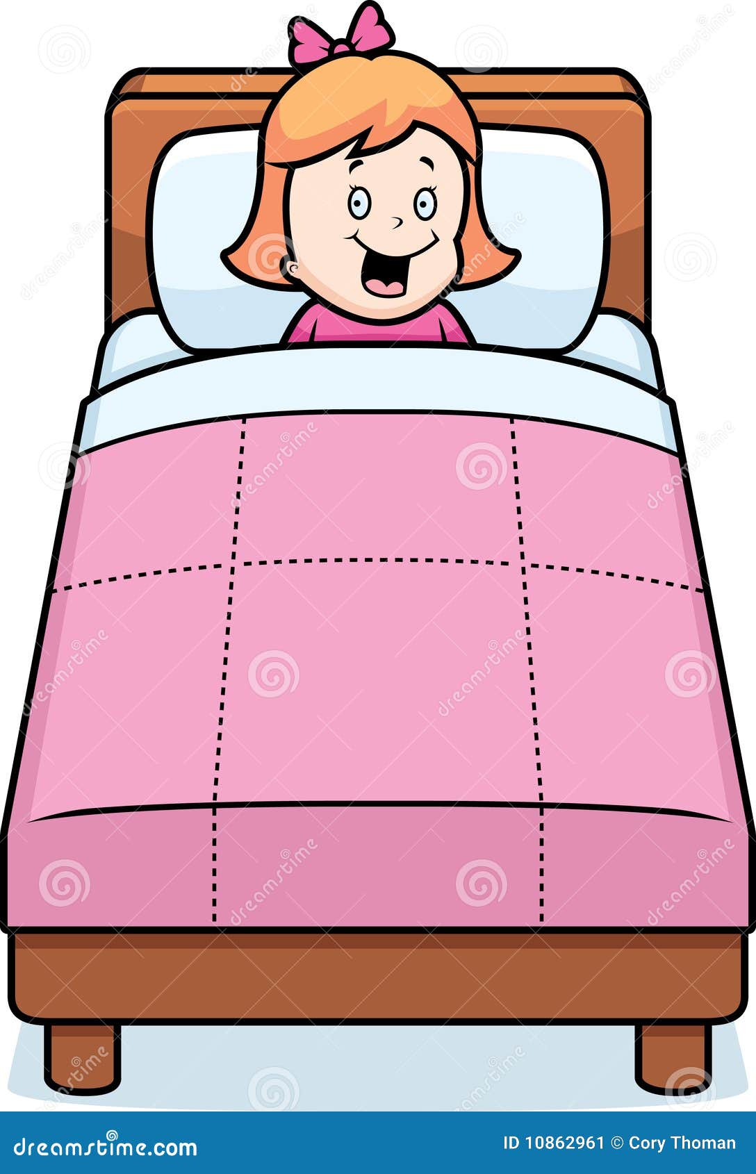 cartoon girl in bed and ready to go to sleep.