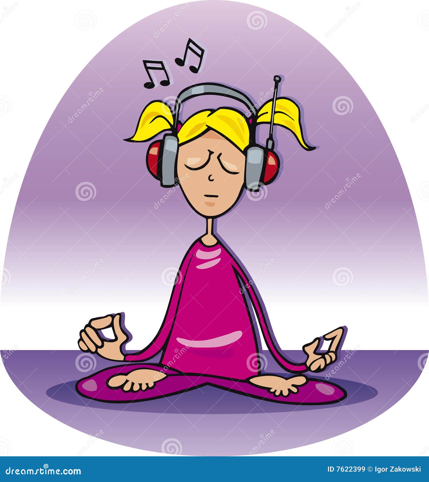 Cartoon illustration of cute blonde girl relax and listen to the music ...