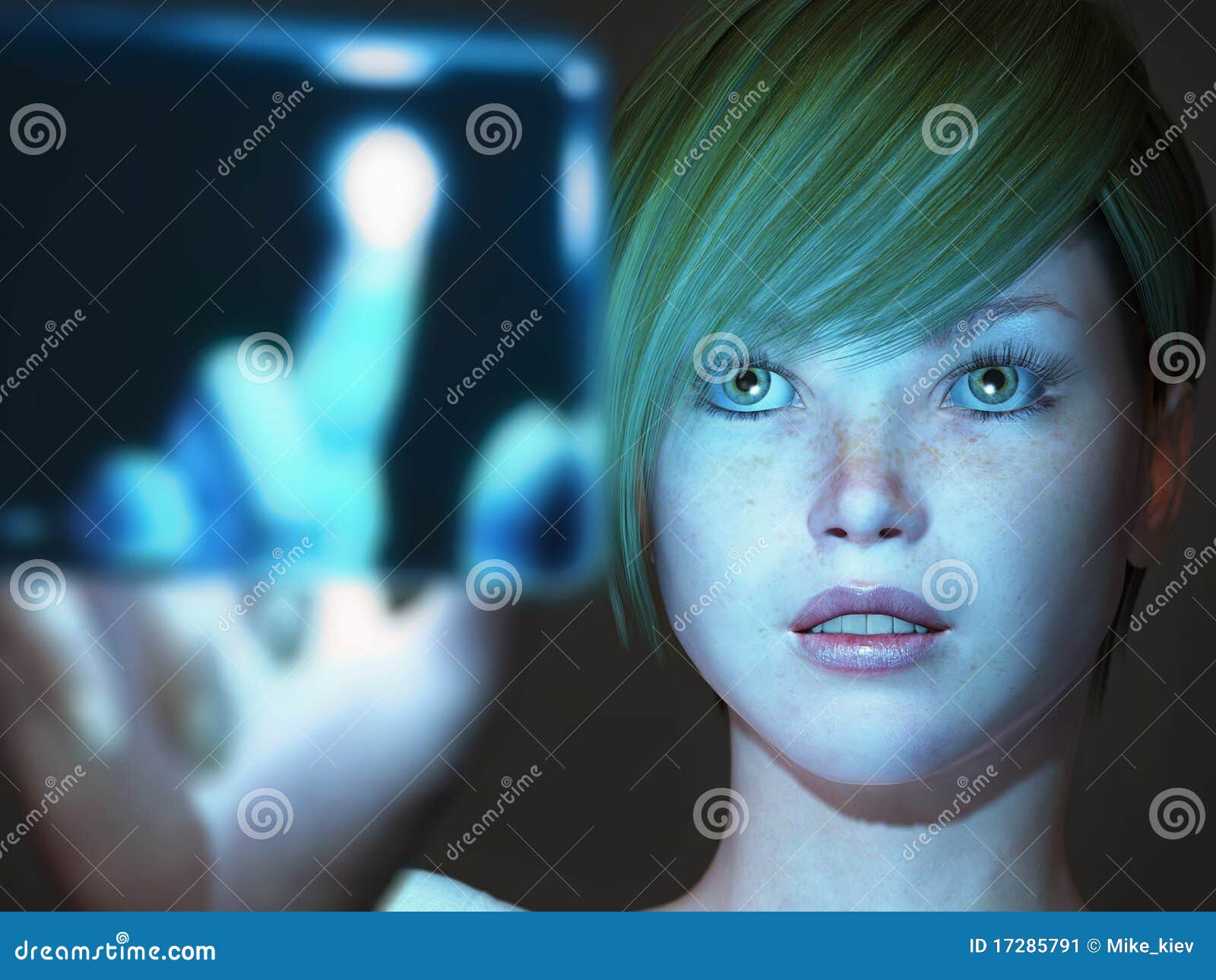 Girl touching <b>blue screen</b> - girl-touching-blue-screen-17285791