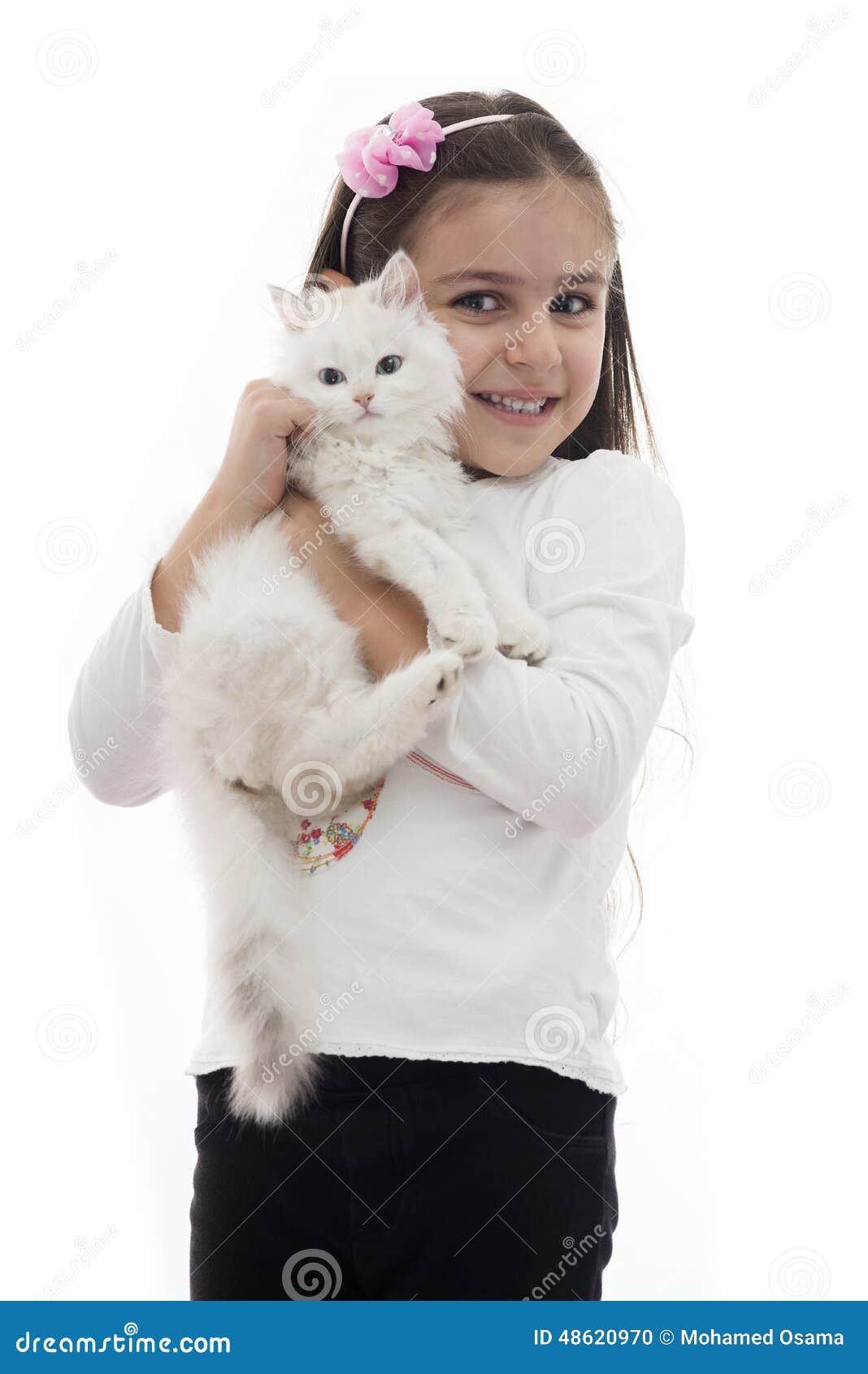 Girl With White Cat Stock Photo Image