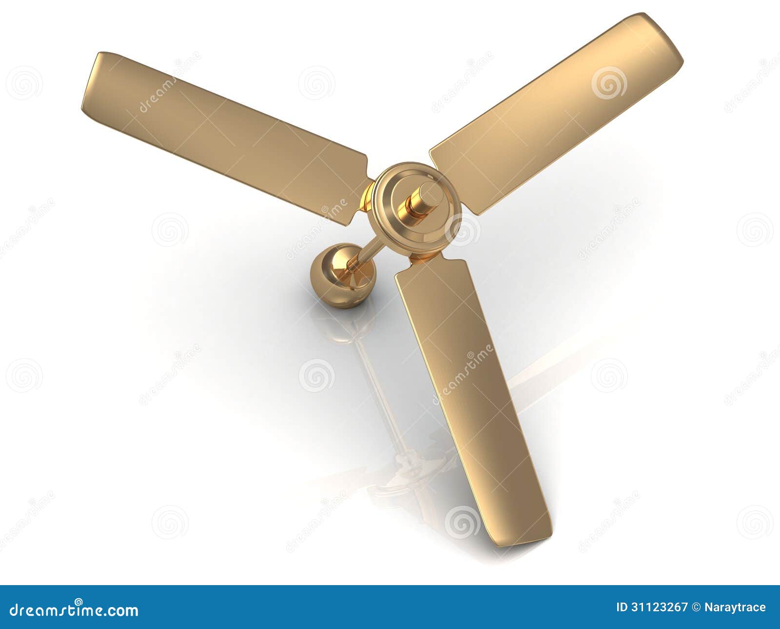 Gold ceiling fan with a reflective surface on white background.
