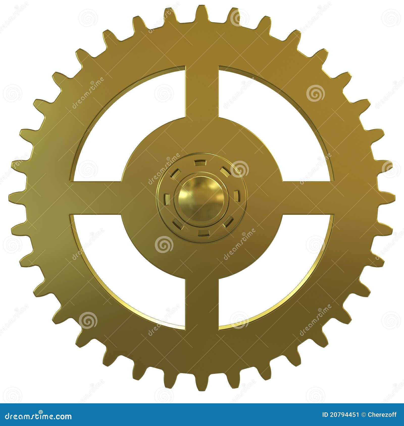 Gold gear of the clock on a white background. 3d rendering.