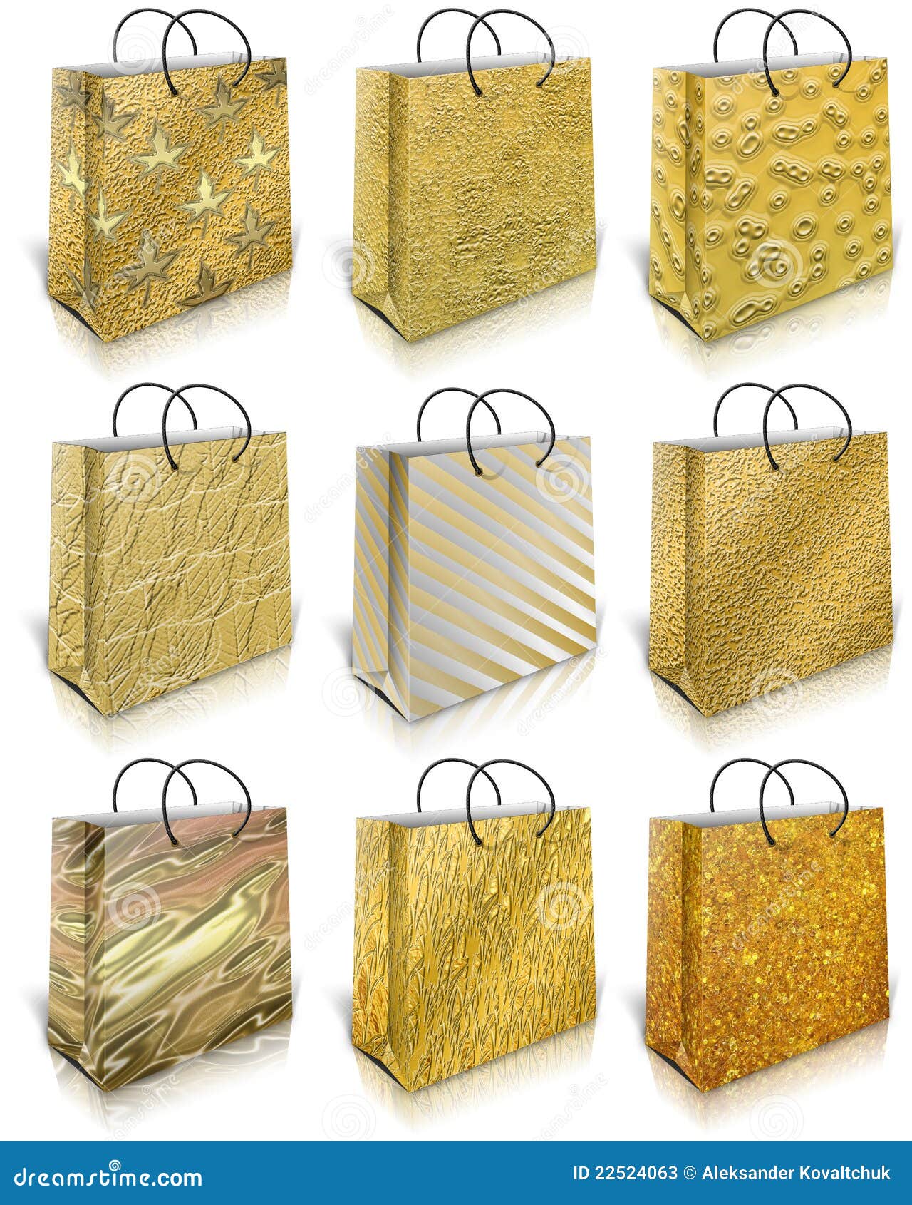 Nine gold gift bag isolated on white background.