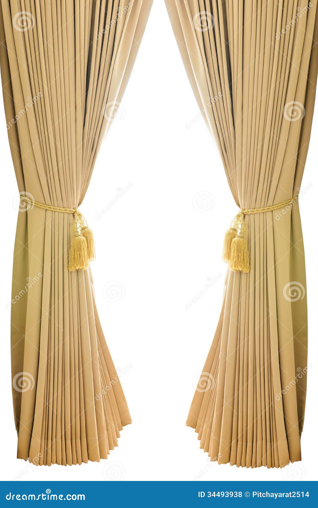 Gold luxury curtains with isolated white background.