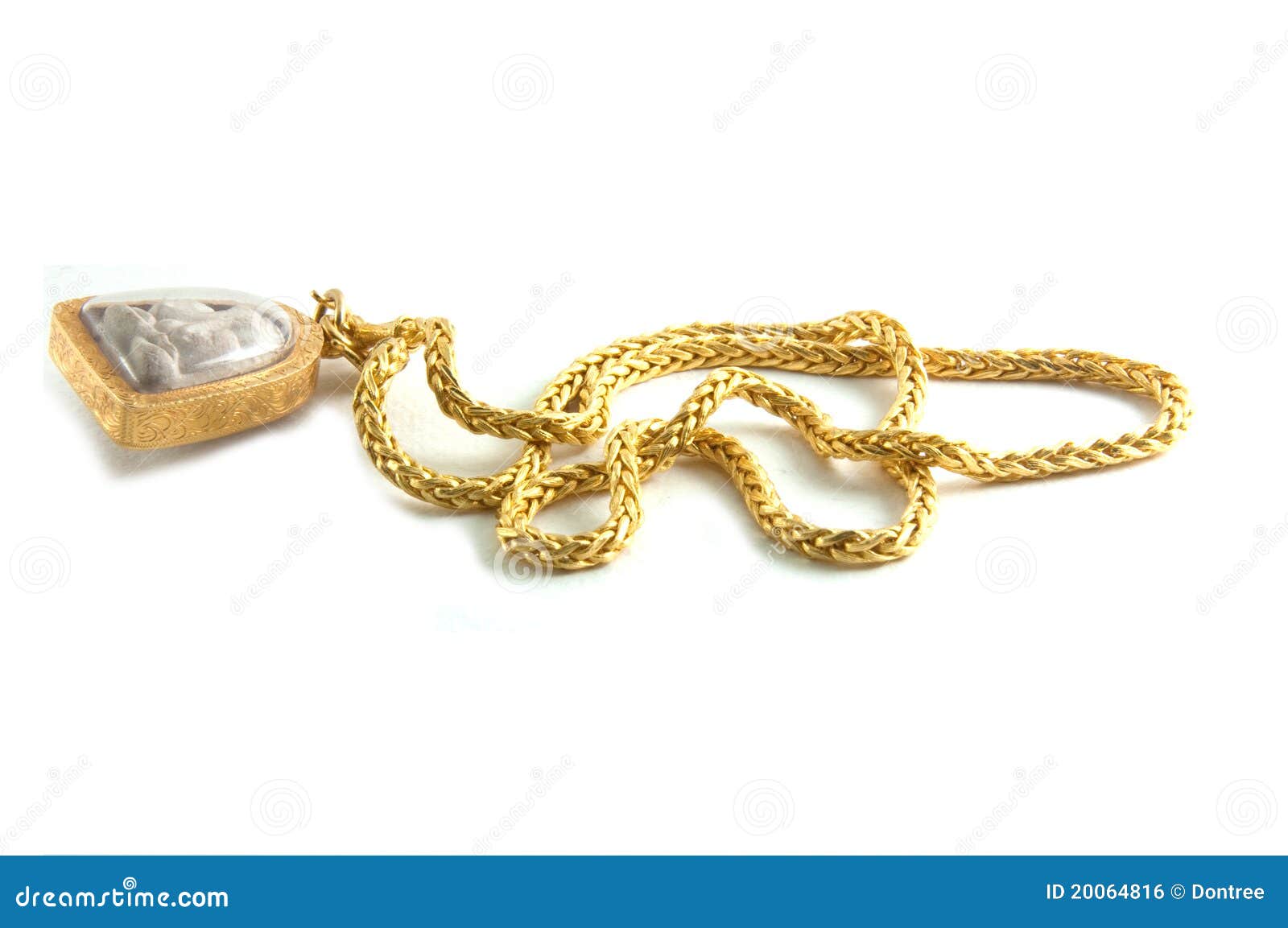 Thai holy (Buddha image) thing Yellow gold necklace isolated on white.