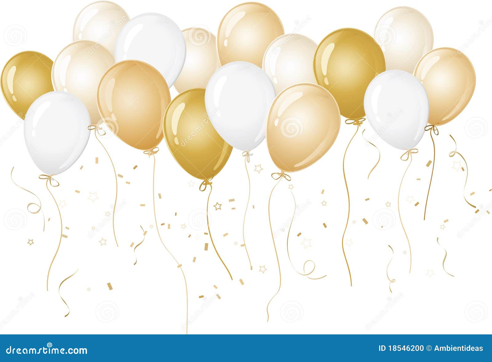 Gold and White Balloons illustration with confetti and ribbon details.