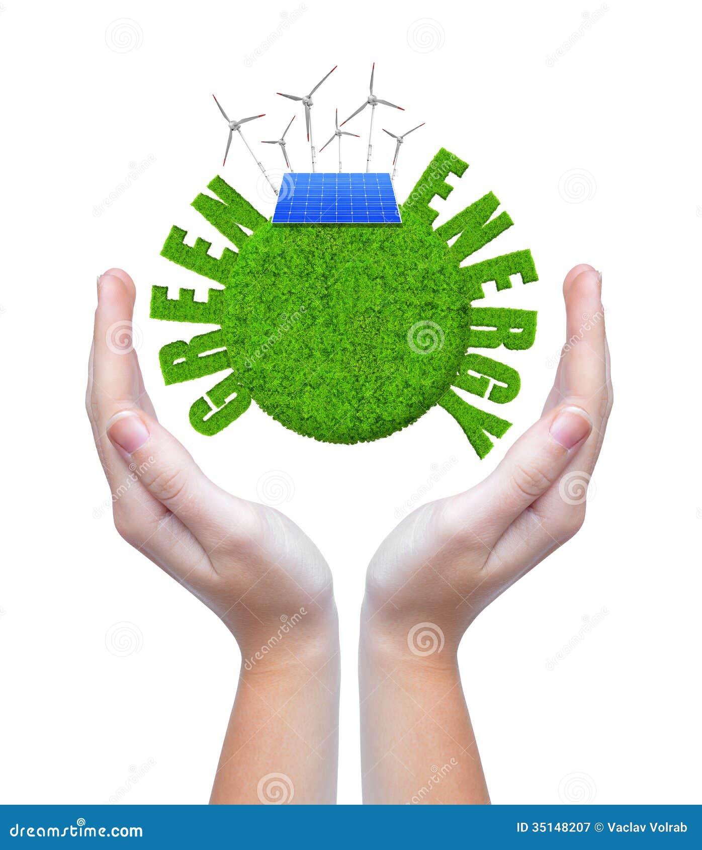 Green planet with wind turbines and solar panel in hands.Green energy 