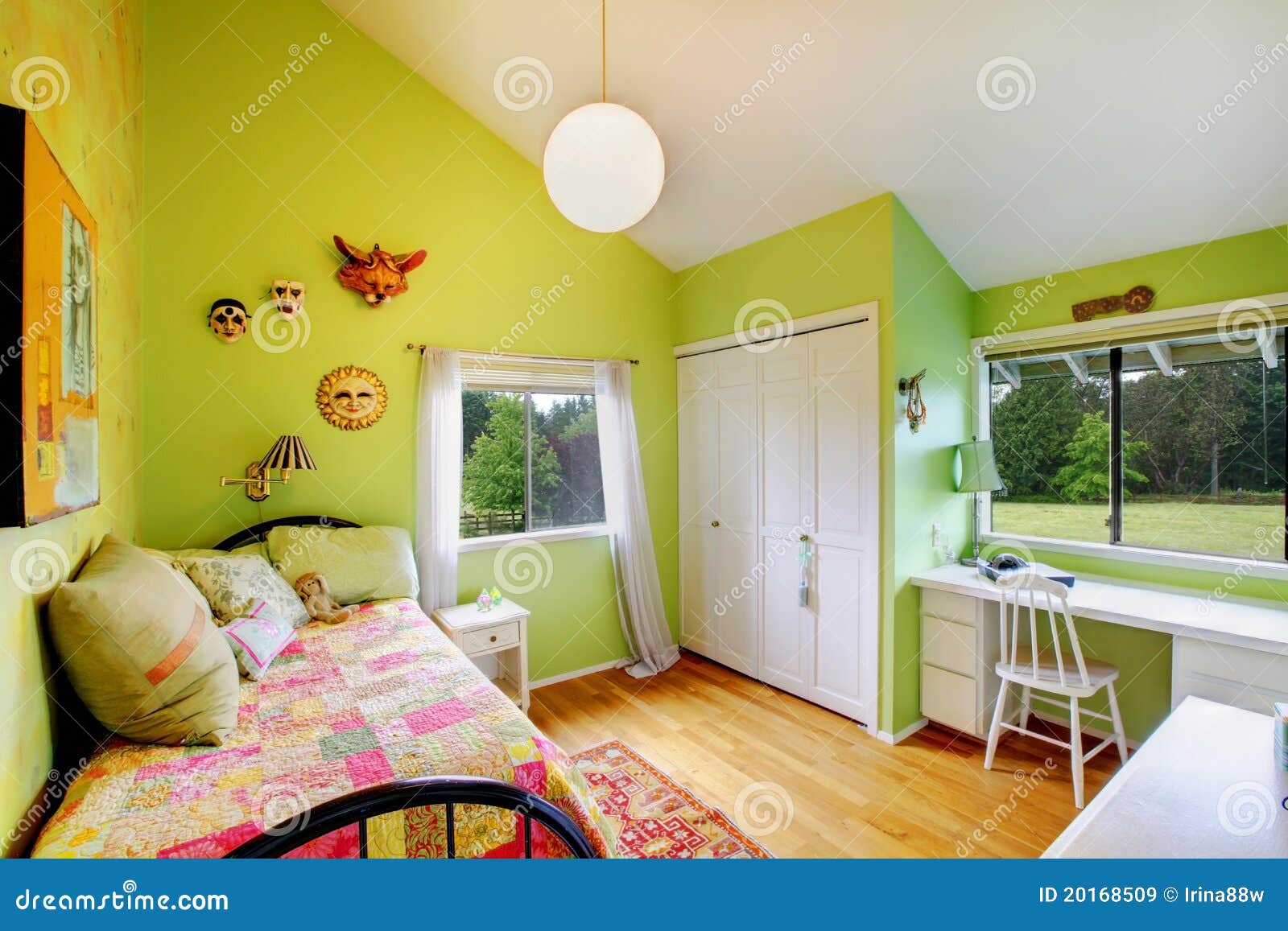 Green Kids, Girls Bedroom.with White Furniture. Royalty Free Stock ...