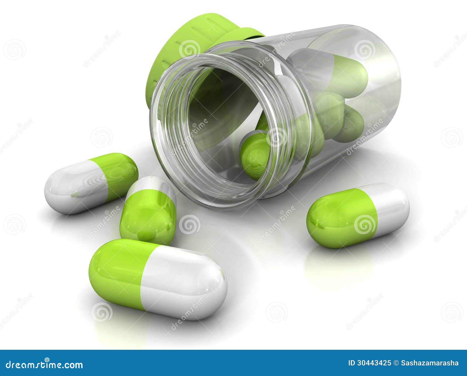 Free Stock Photo: Green medicine pills from glass bottle on the white