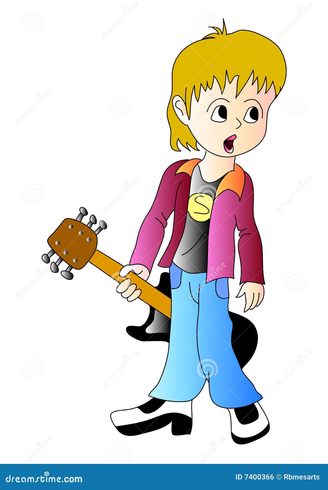 Illustration drawing of guitar kid isolated on white.