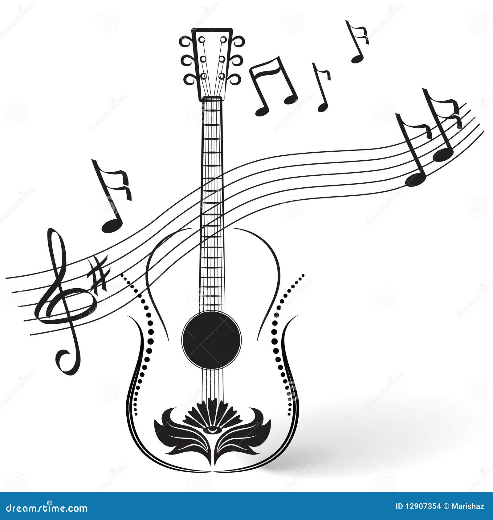 Guitarra y notas para las varias ilustraciones del diseño.