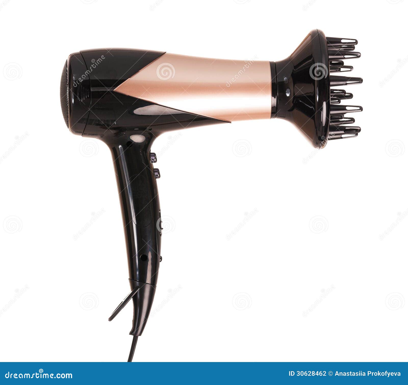 New hair dryer with nozzle for curls isolated on white background.