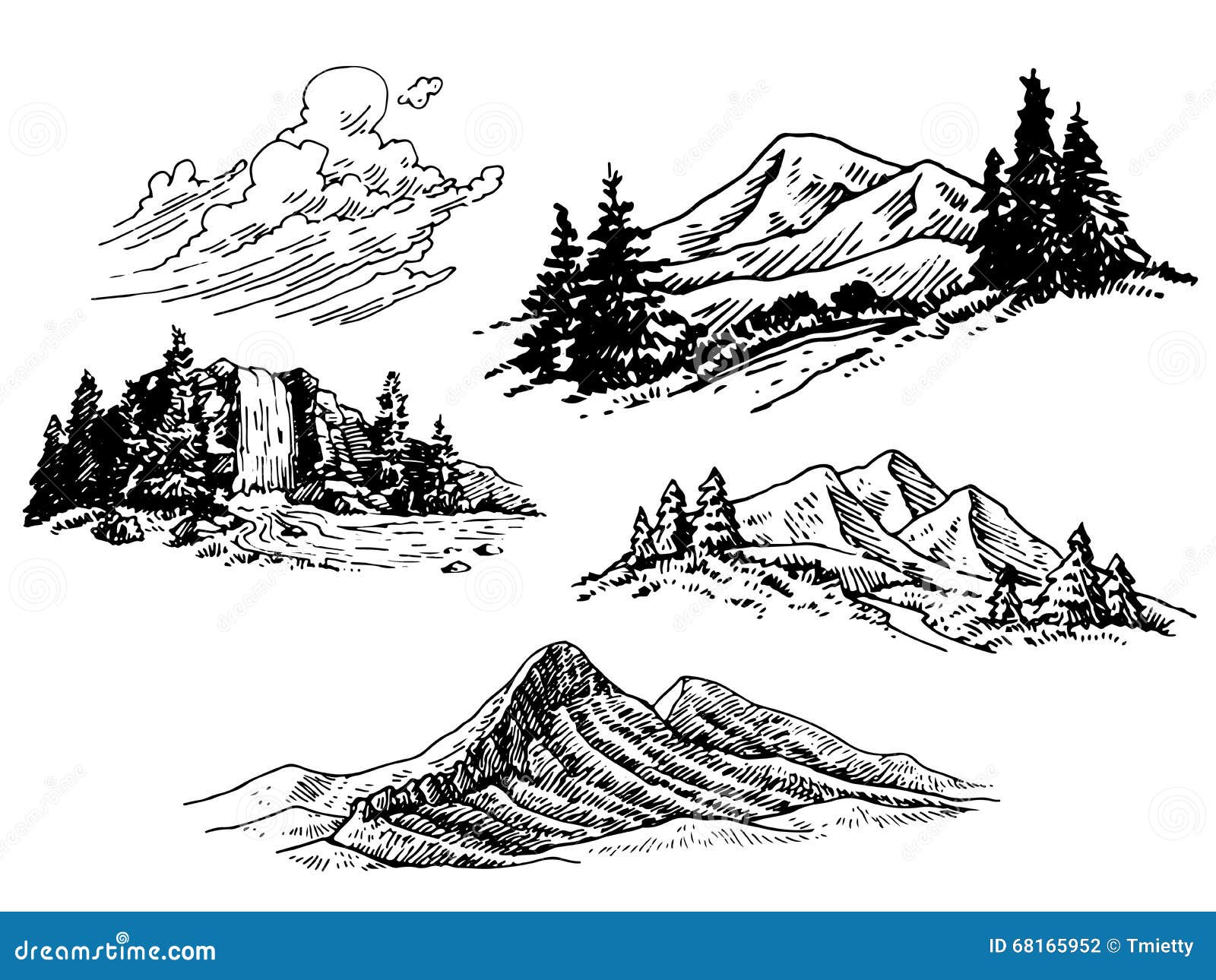 hand drawn mountain illustrations set mountains trees waterfall some clouds 68165952