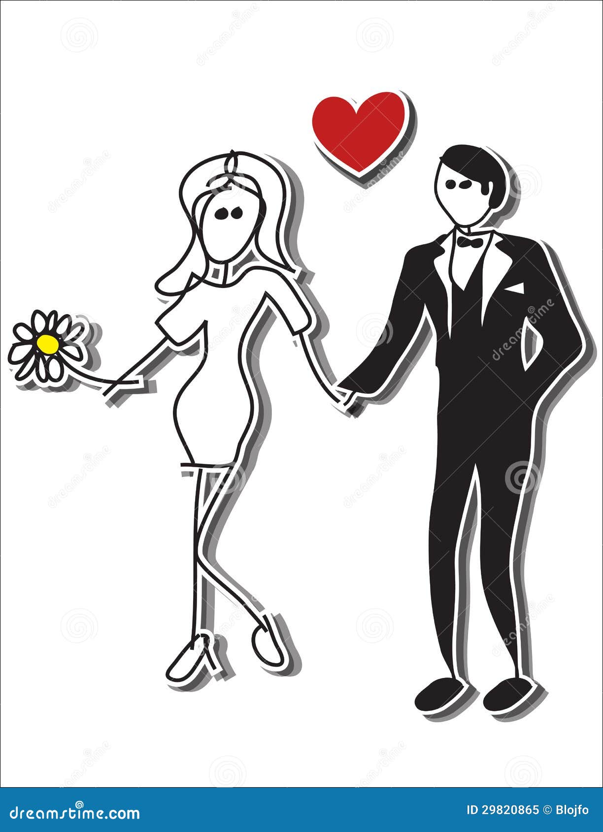 Hand drawn stick figures, Couple in love at wedding.