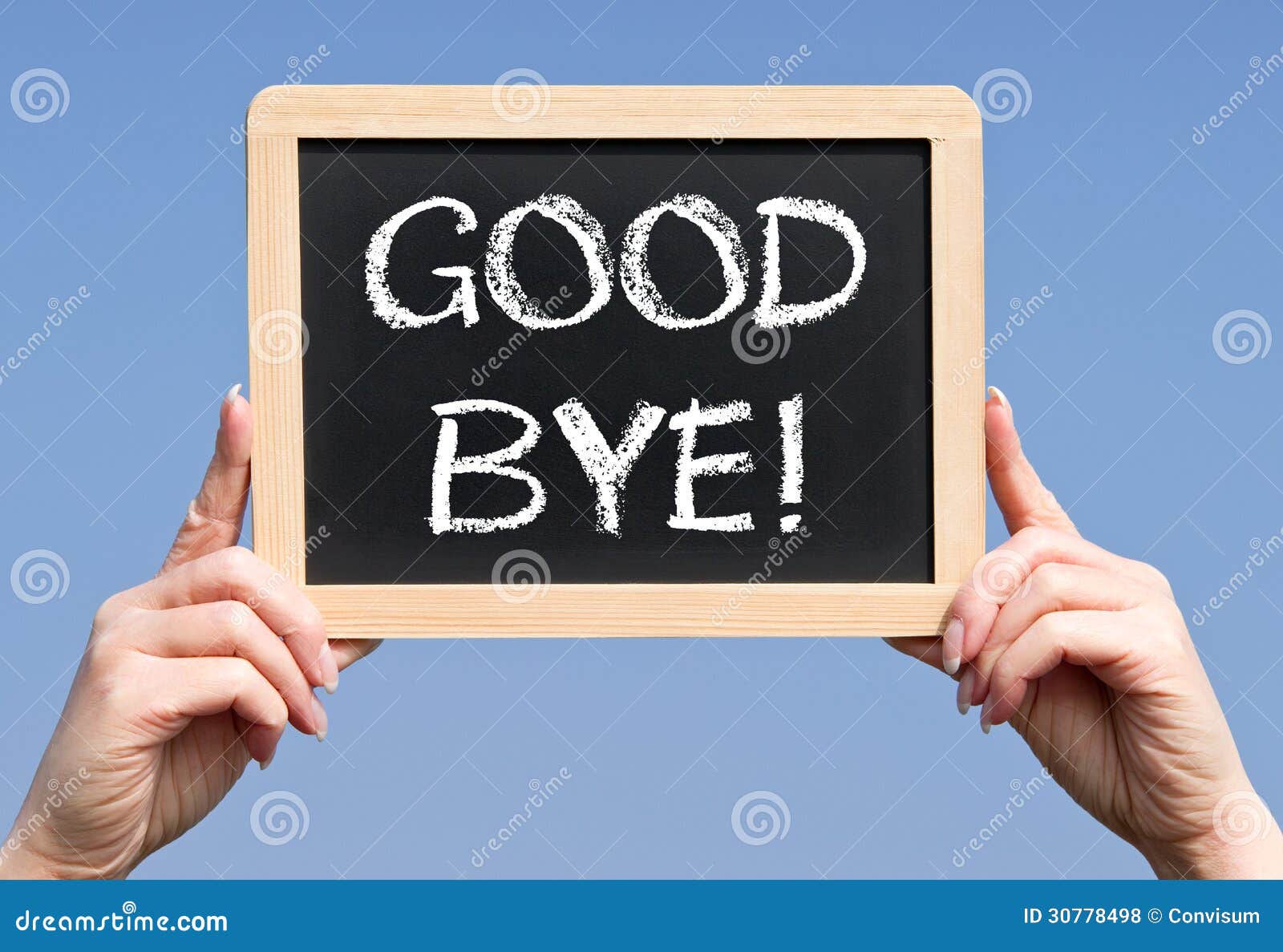 handheld chalkboard good bye hands holding black words blue background 30778498