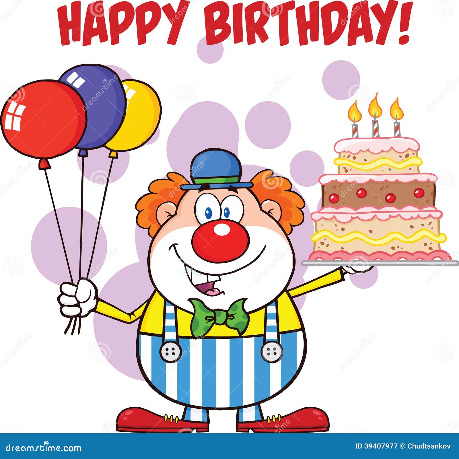 Happy Birthday With Clown Cartoon Character With Balloons And Cake With