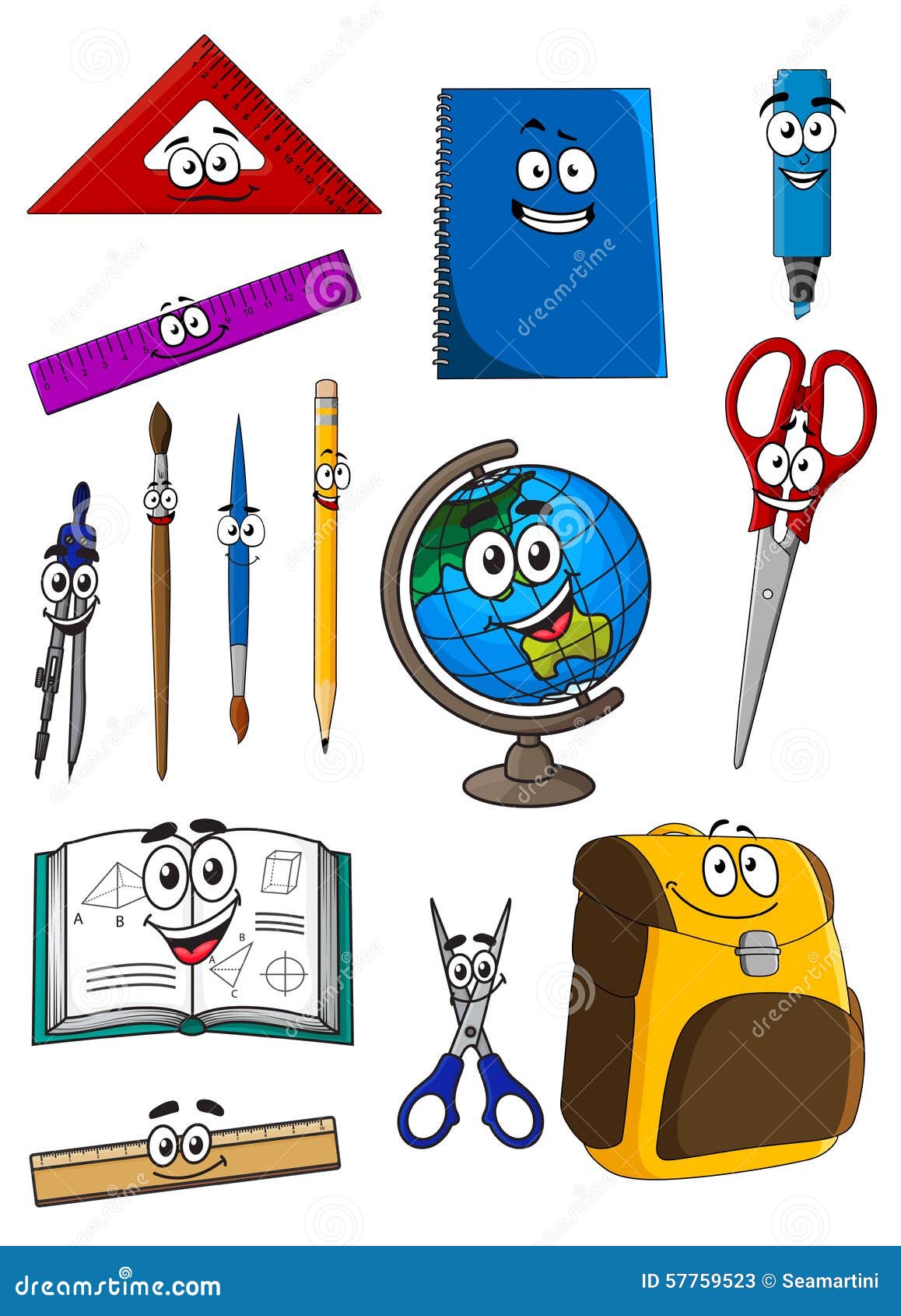 happy cartoon school supplies characters backpack textbook notebook scissors globe rulers triangle highlighter pencil compasses 57759523