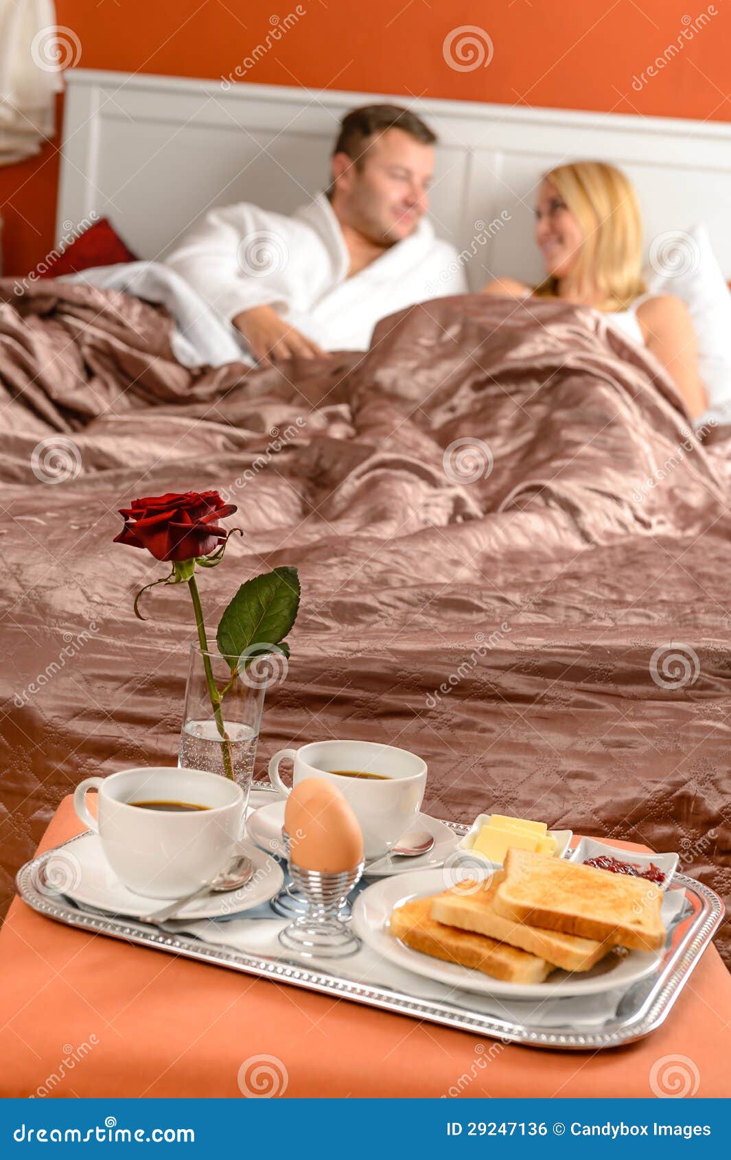 Happy Couple Lying Bed Romantic Breakfast Hotel Royalty 