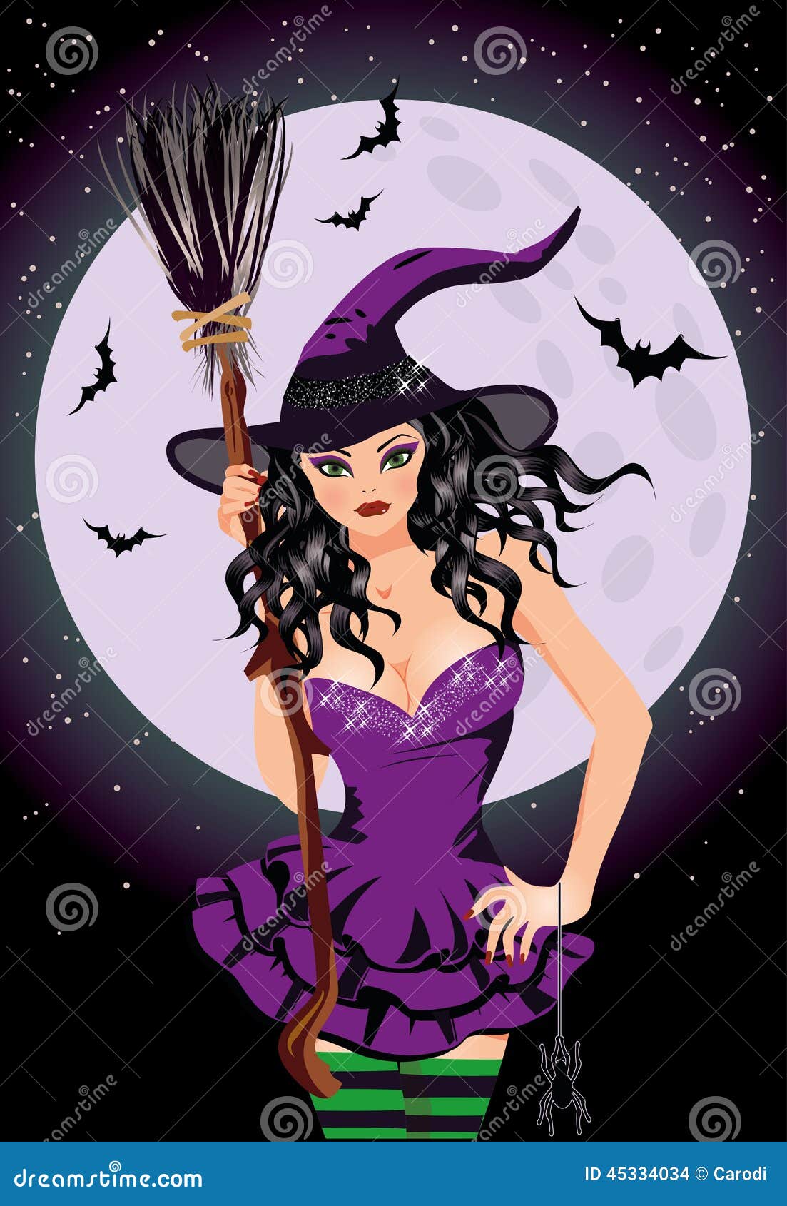 Happy Halloween Sexy Night Witch With Broomstick Stock