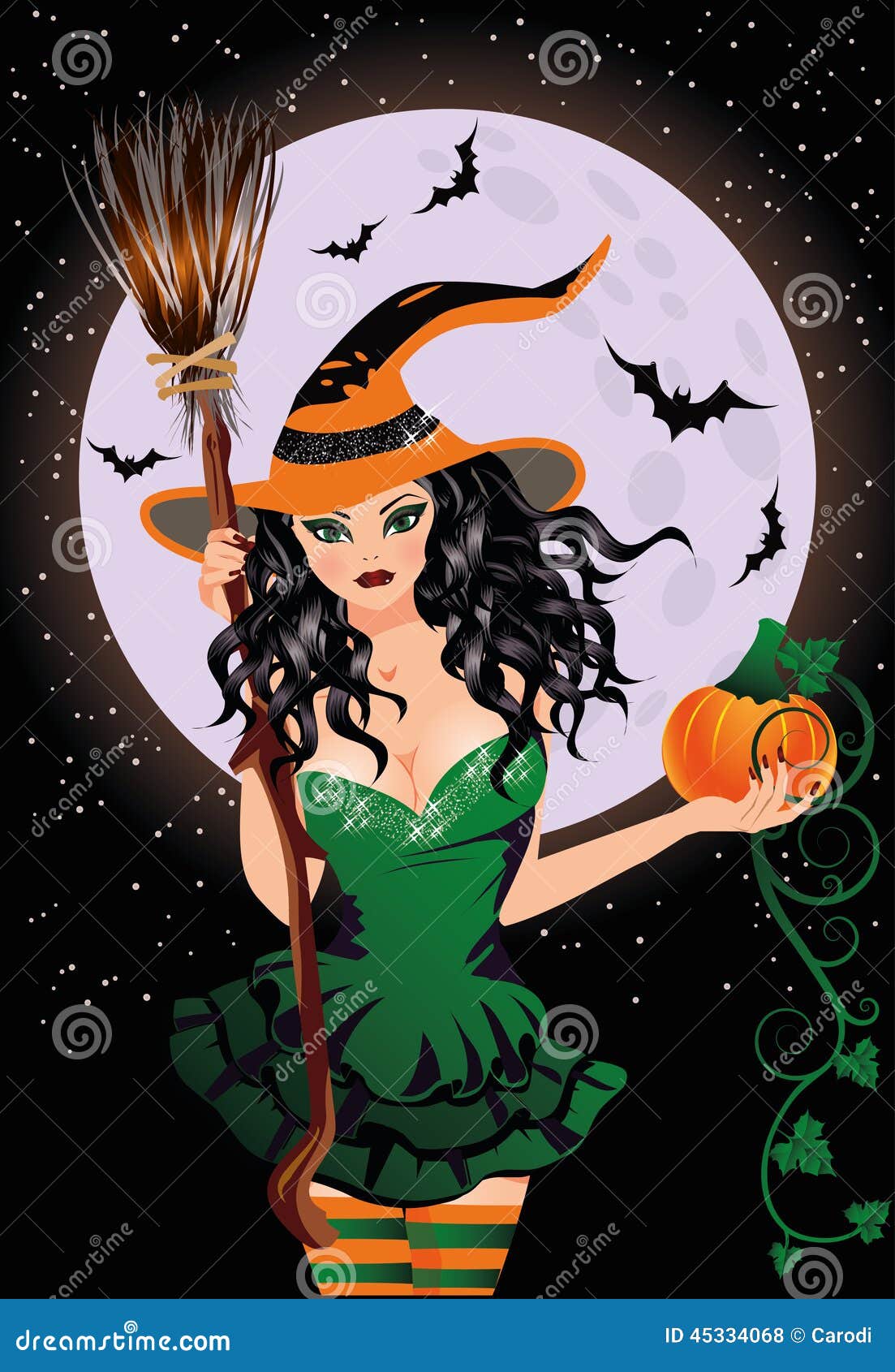 Happy Halloween Sexy Night Witch With Pumpkin Stock