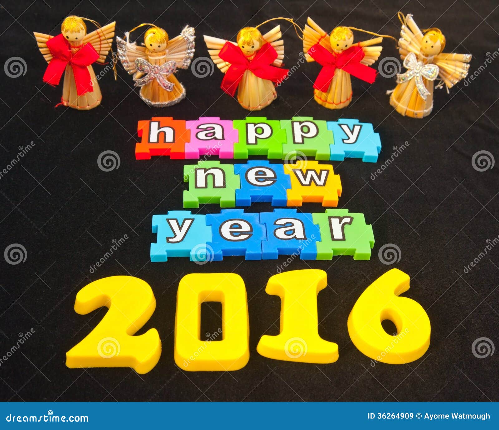 ... Happy New Year 2016 isolated on black background with angels giving a