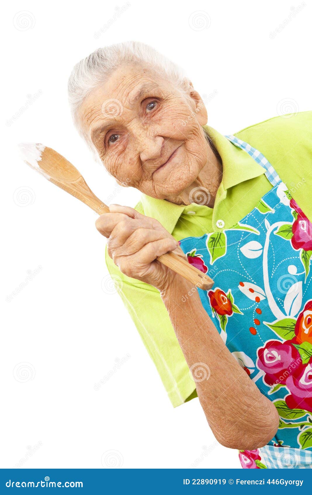 Happy old woman with wooden spoon - happy-old-woman-wooden-spoon-22890919