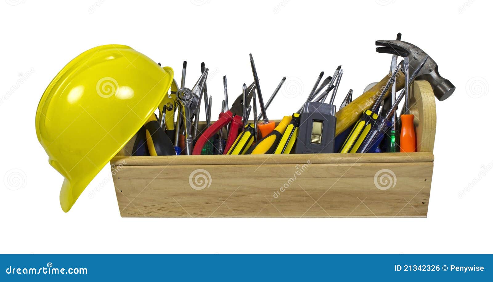 Yellow hard hat and long wooden toolbox full of tools - path included.
