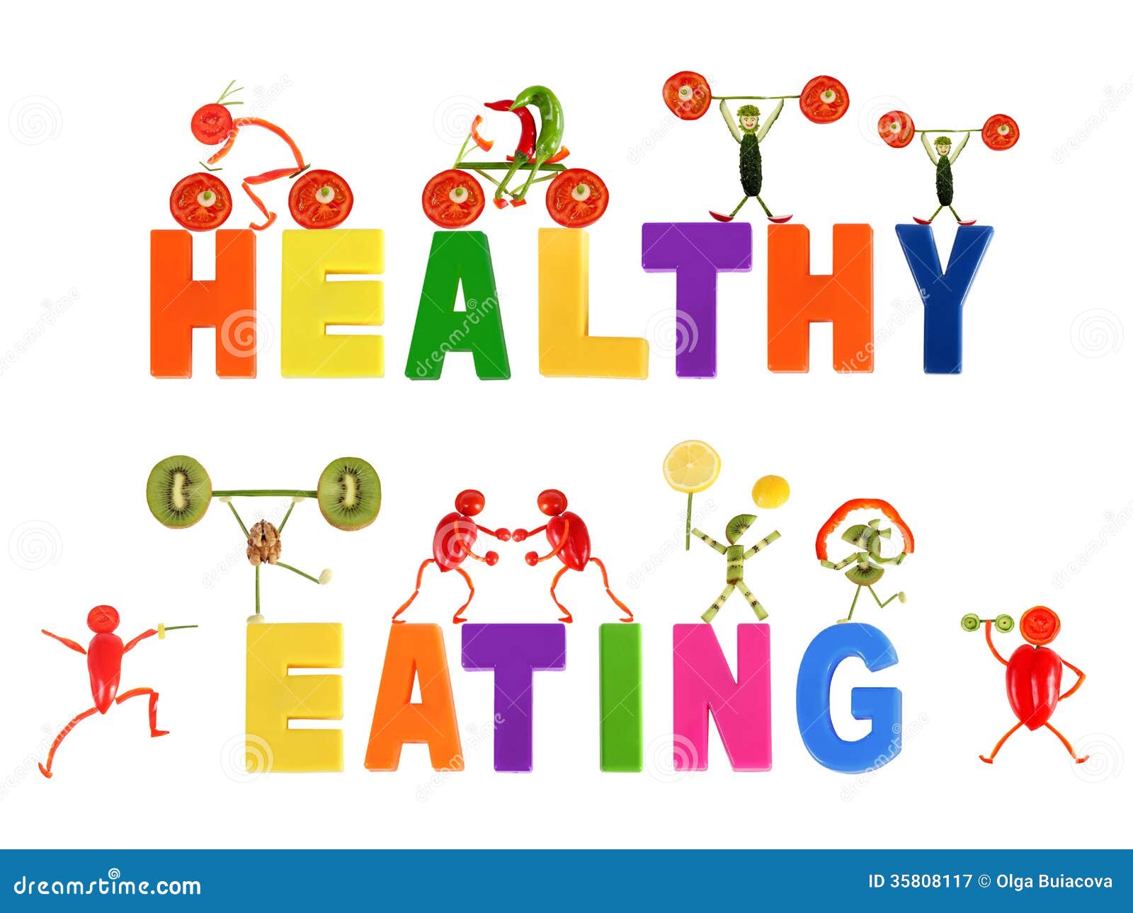 Healthy eating. Little funny people made of vegetables and fruits on ...