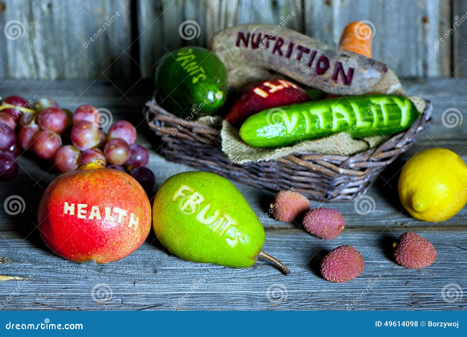 ... fruits and vegetables with cut words - healthy lifestyle concept