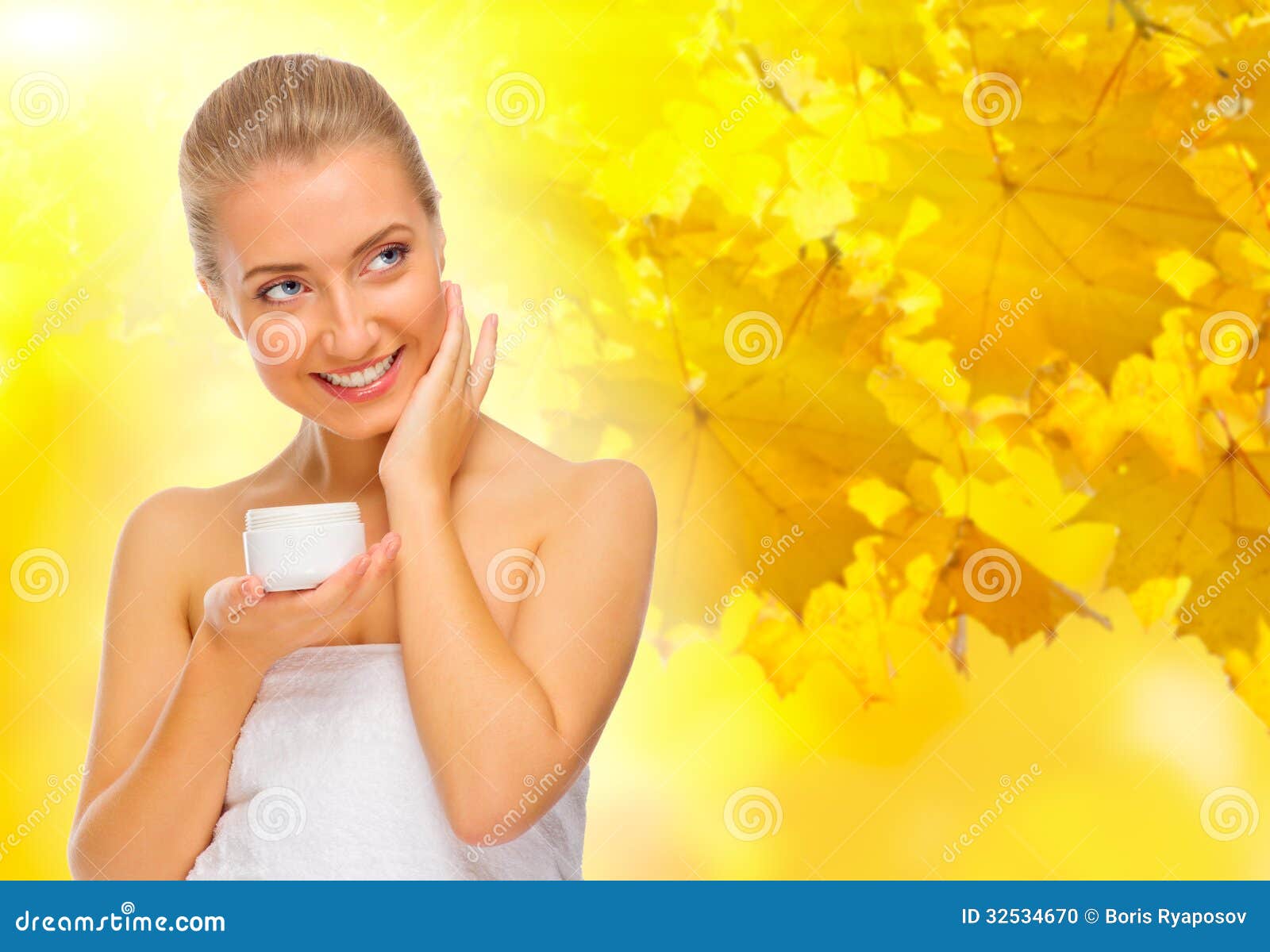 Healthy Girl With Cream Jar On Autumnal Background Stock Photo  Image 