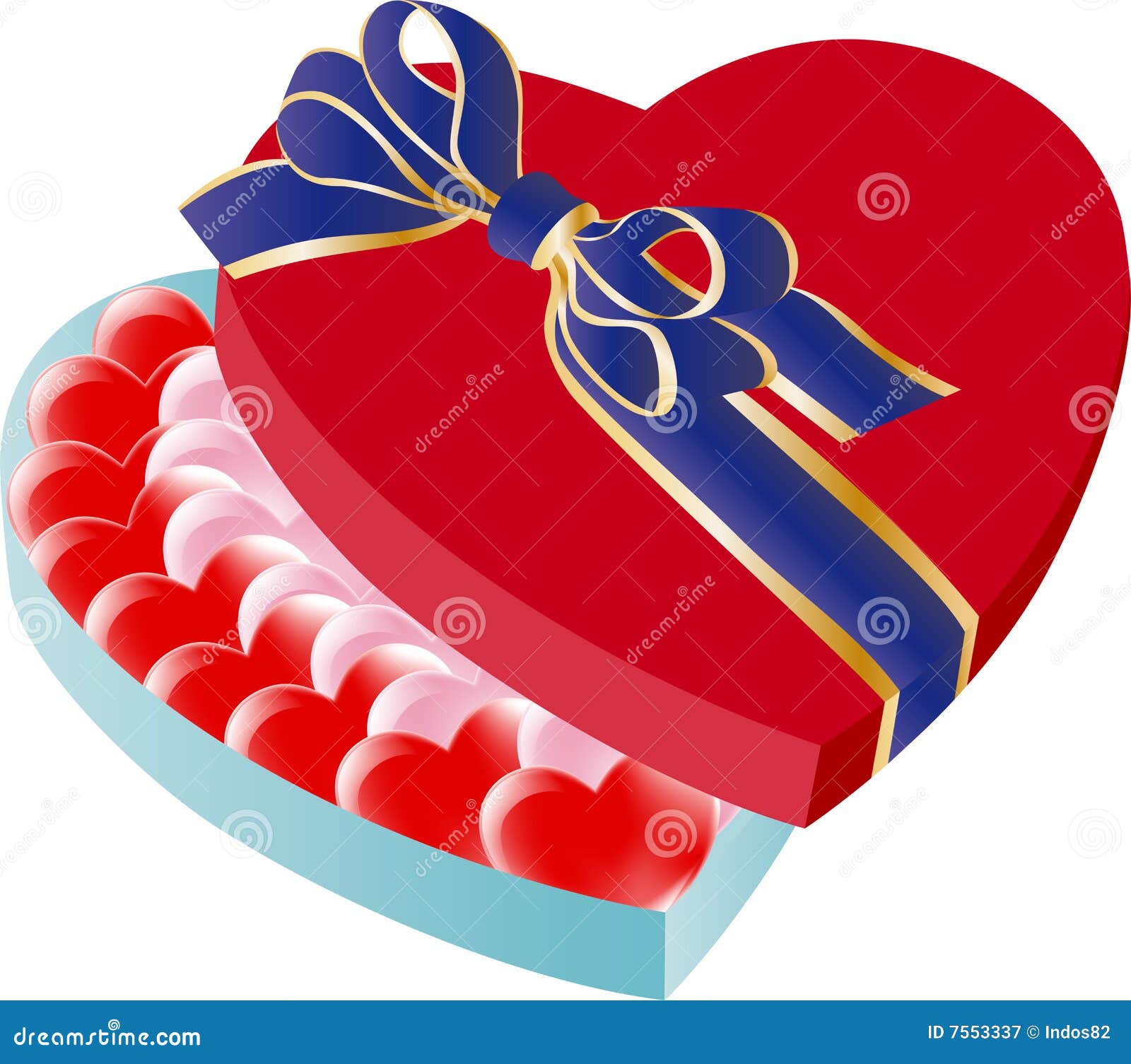 Red heart shaped box with dark blue bow and small hearts. Vector 