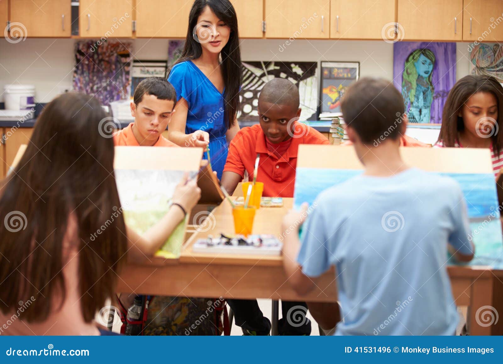 Table. Art Sitting High high Teacher Class class School With painting Around  And Children school