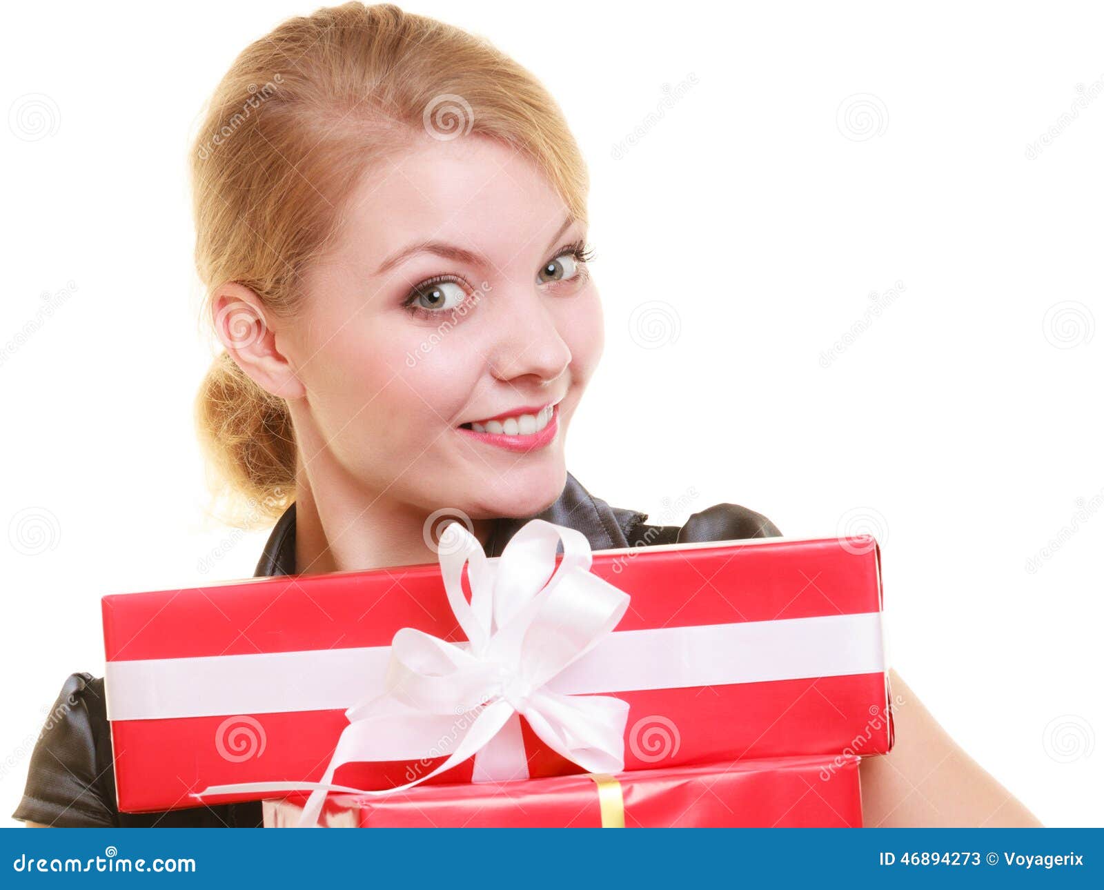 Holidays love happiness concept - girl with gift boxes - holidays-love-happiness-concept-girl-gift-boxes-people-celebrating-beautiful-blonde-red-isolated-46894273