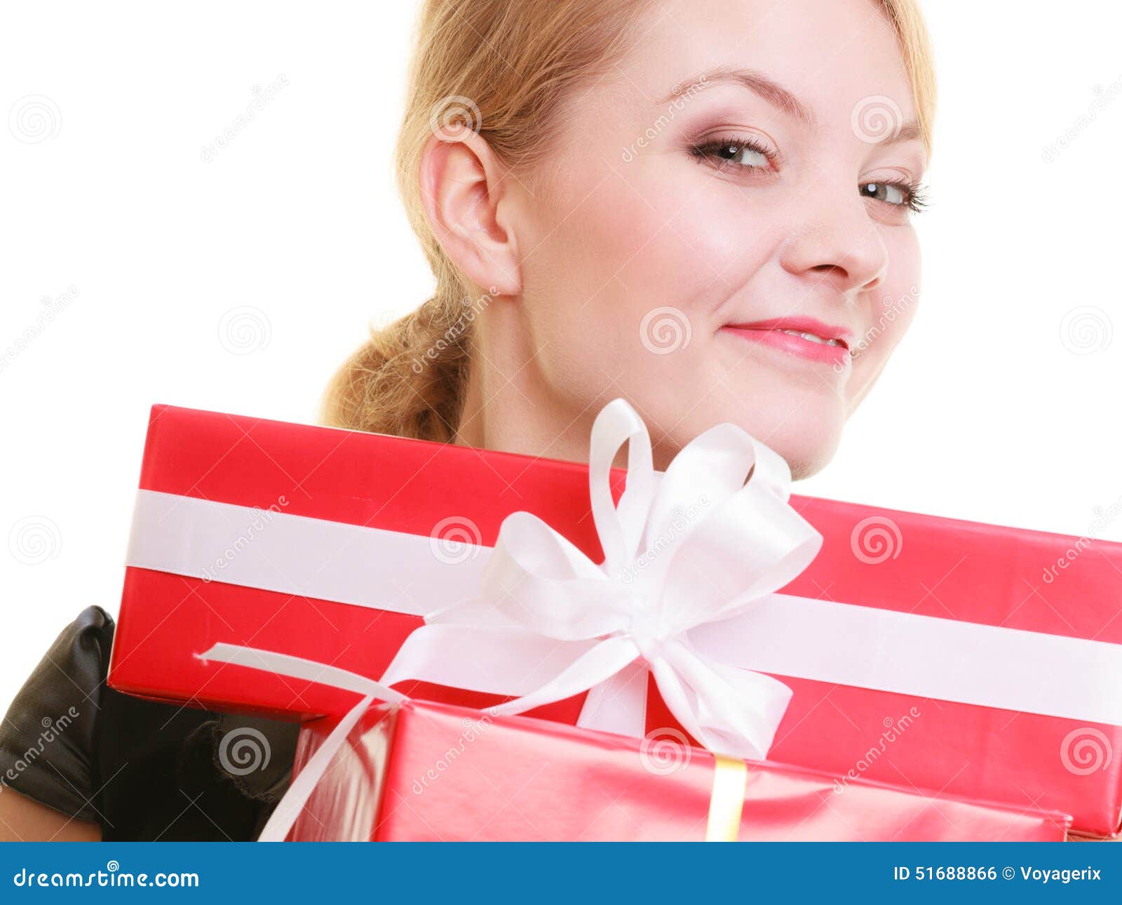 Holidays love happiness concept - girl with gift boxes - holidays-love-happiness-concept-girl-gift-boxes-people-celebrating-beautiful-blonde-red-isolated-51688866