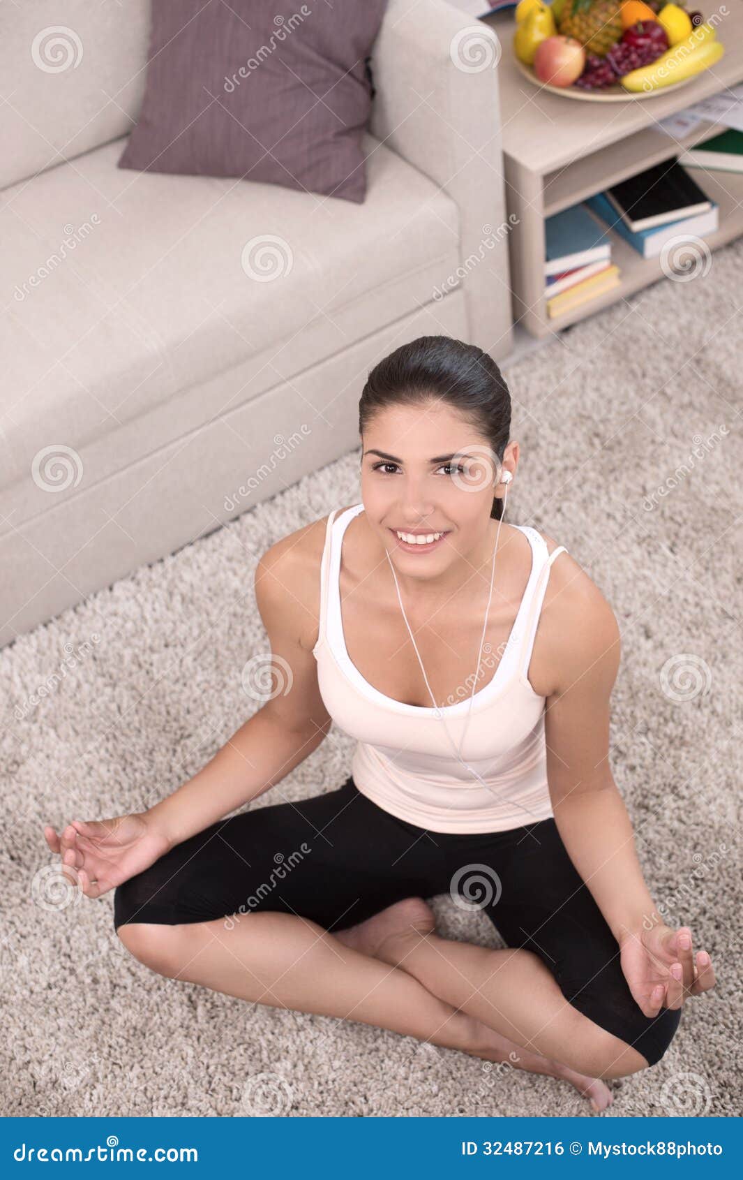 Home Yoga. Top View Of Beautiful Young Women Meditating At 