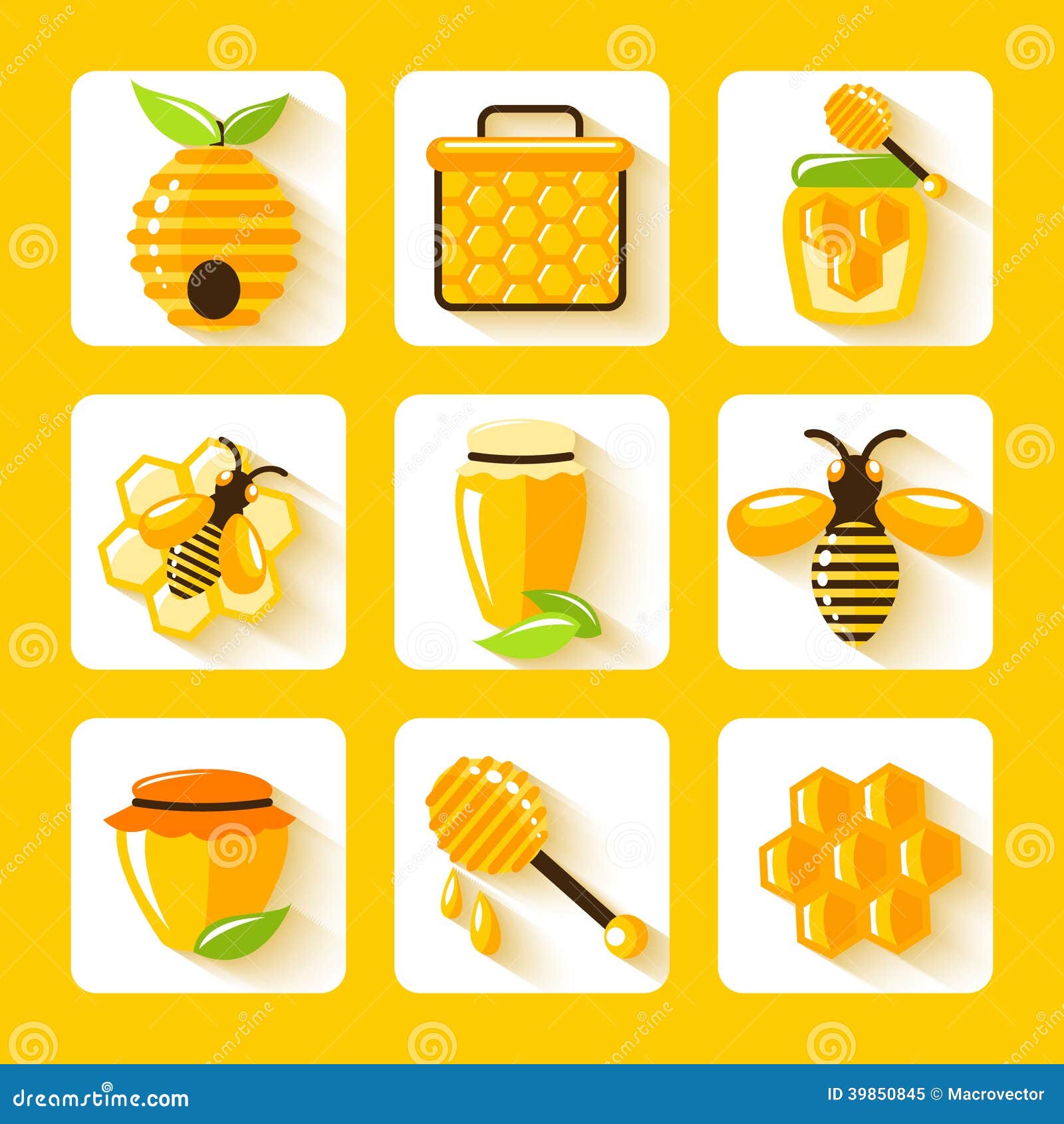 Honey drop comb bee hive and cell food agriculture flat icons set 