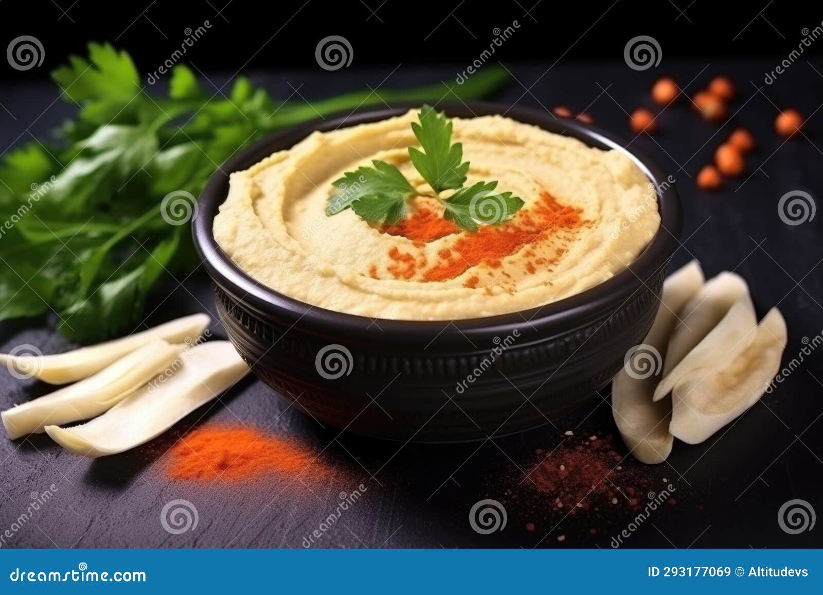 Humus Con Zanahoria Y Palos De Apio Sobre Una Mesa De Piedra Oscura