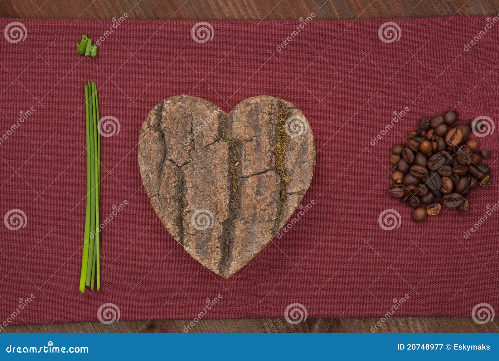 love coffee made out of chive, wooden heart and coffee beans on 