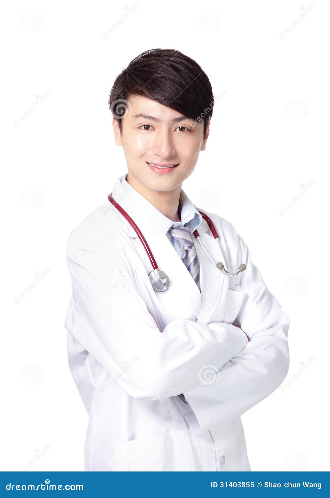 Portrait of a young doctor with his arms cross isolated on white 