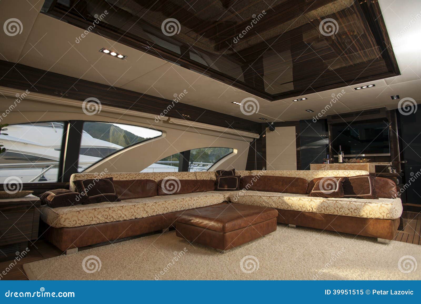 ship interior, comfortable sailboat cabin, expensive wooden design 