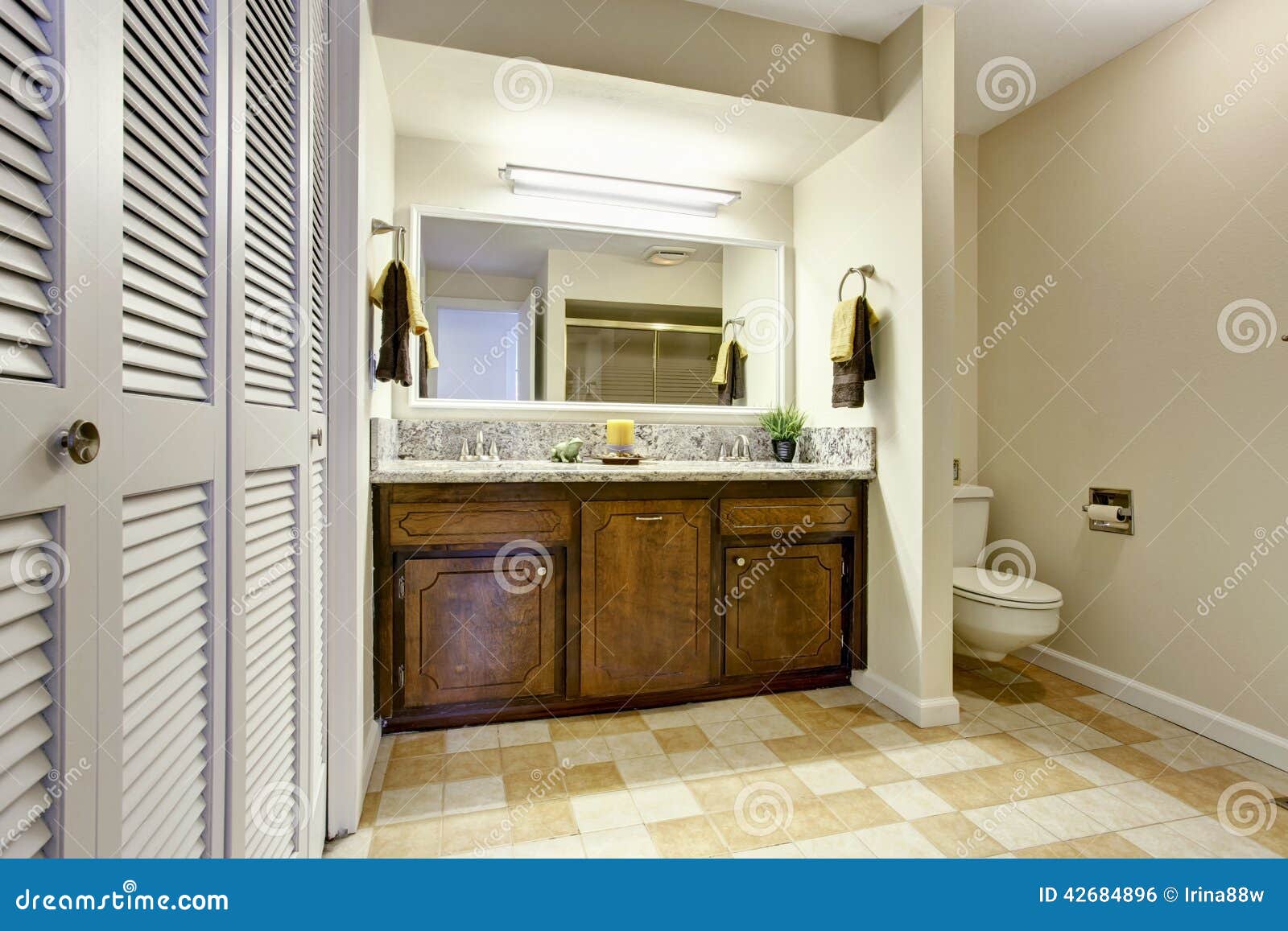 Interior brilhante do banheiro com o armário da vaidade do marrom 