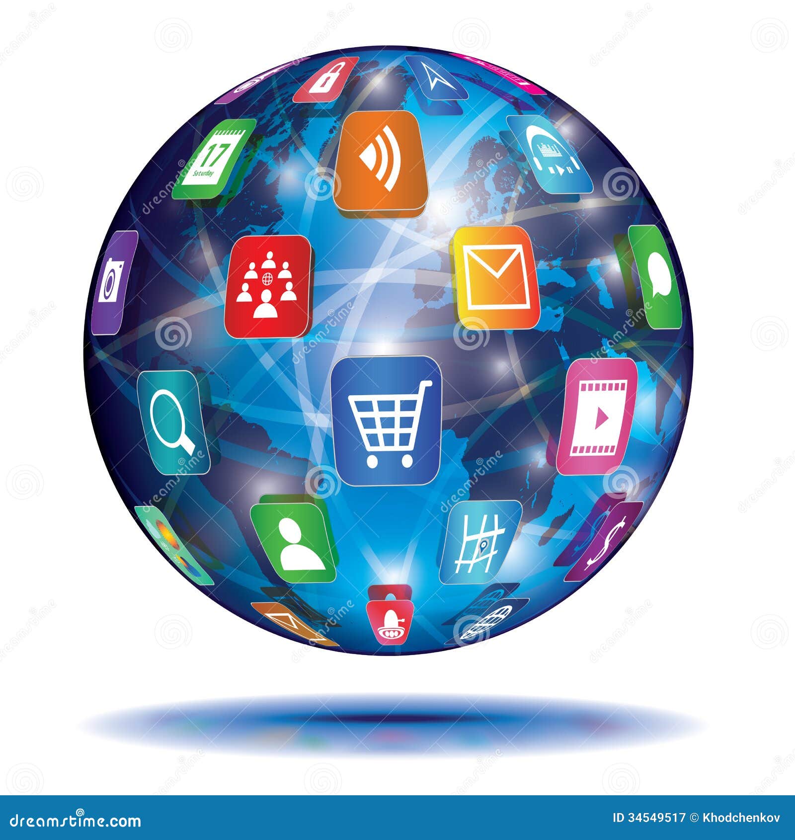 Internet Concept: Deep blue globe with color web application icons on ...