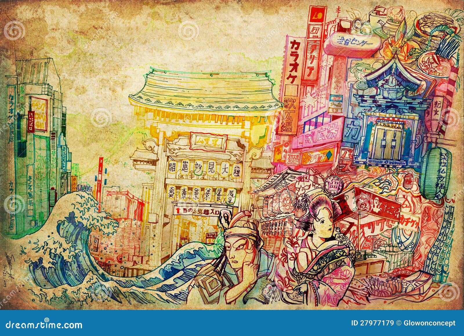 beautiful drawing of Japanese culture architecture art and painting 