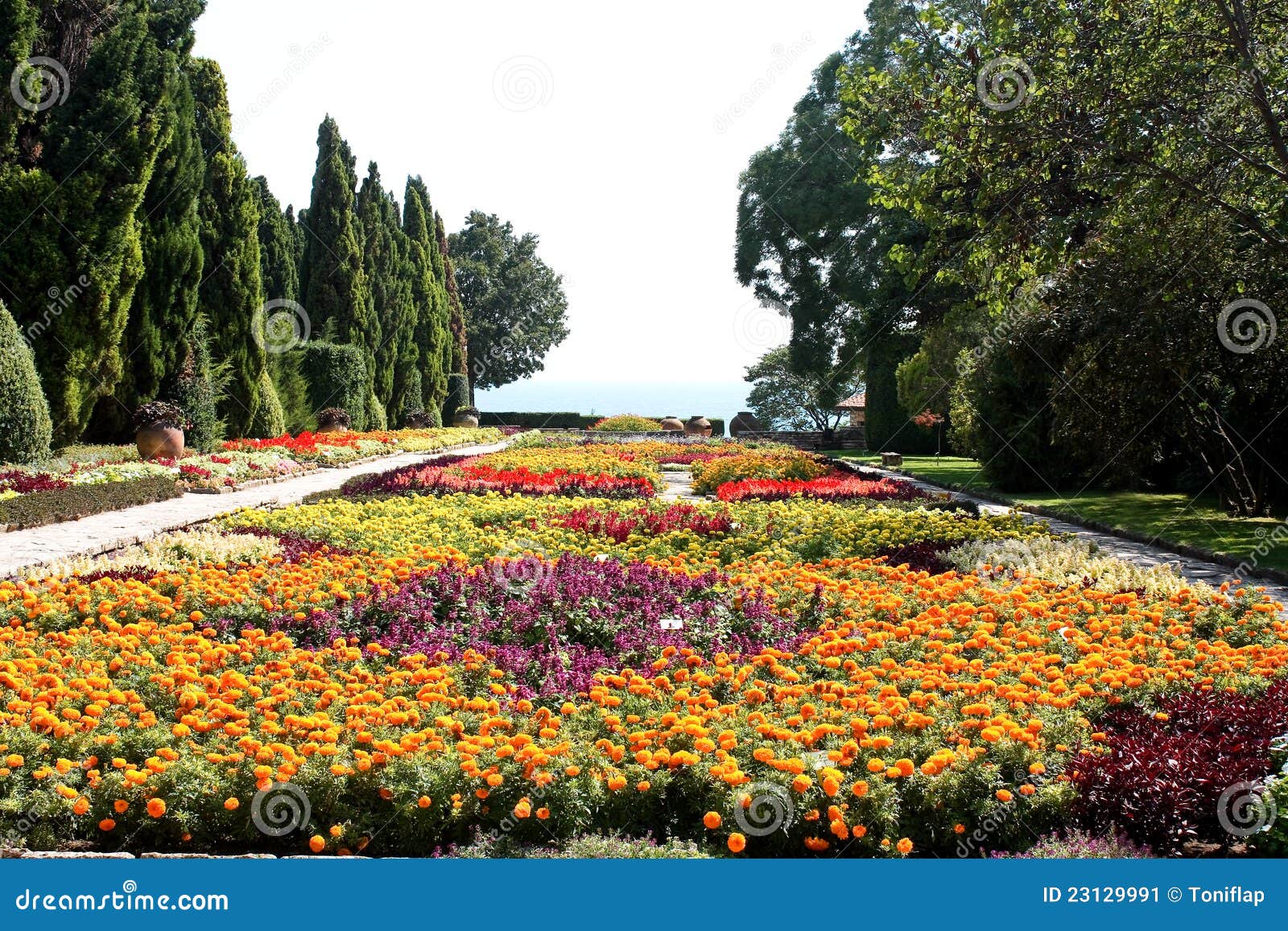 flores jardim do mar:Jardim botânico com flores e mar. Residência da rainha romena pelo flores jardim do mar:Jardim botânico com flores e mar. Residência da rainha romena pelo