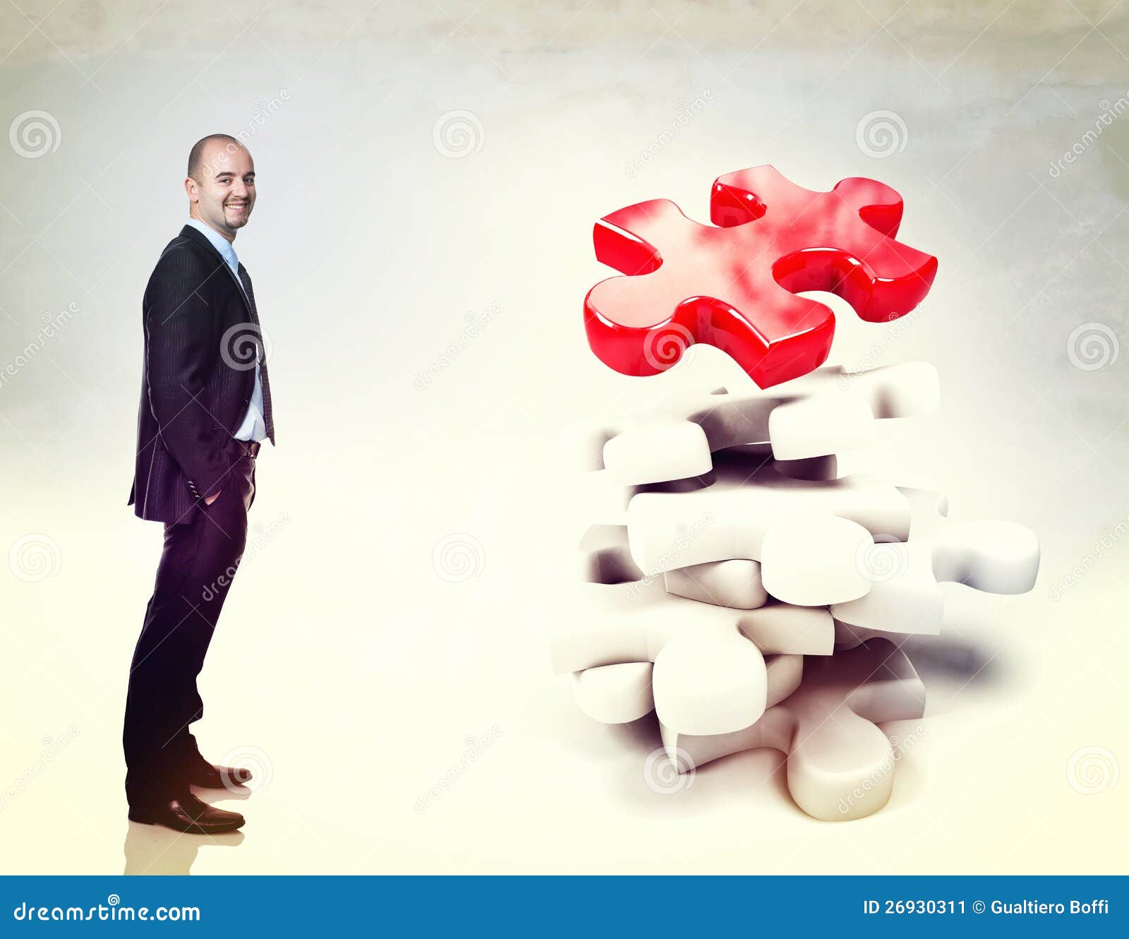 Jigsaw puzzle 3d on white background and businessman.