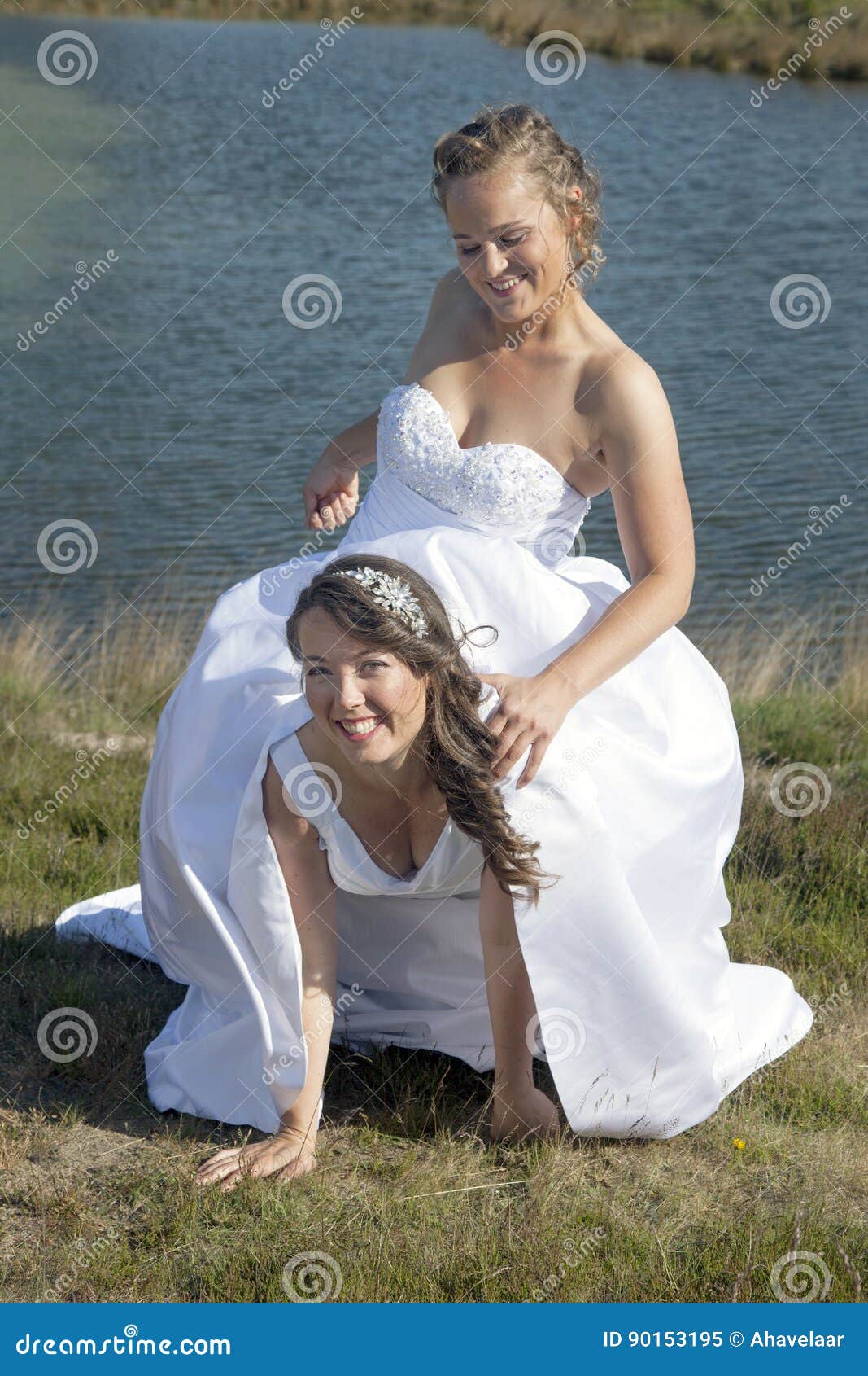 Just Married Happy Lesbian Couple In White Dress Has Fun Near Sm Stock Image Image Of Love 150570 Hot Sex Picture