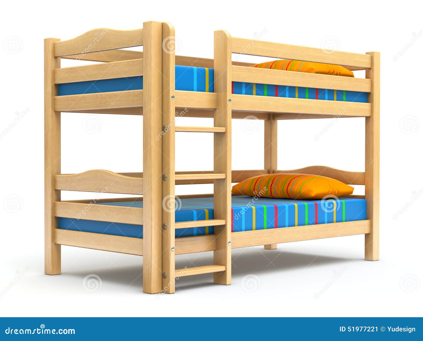 Wooden kids bunk bed on white background - 3D illustration.